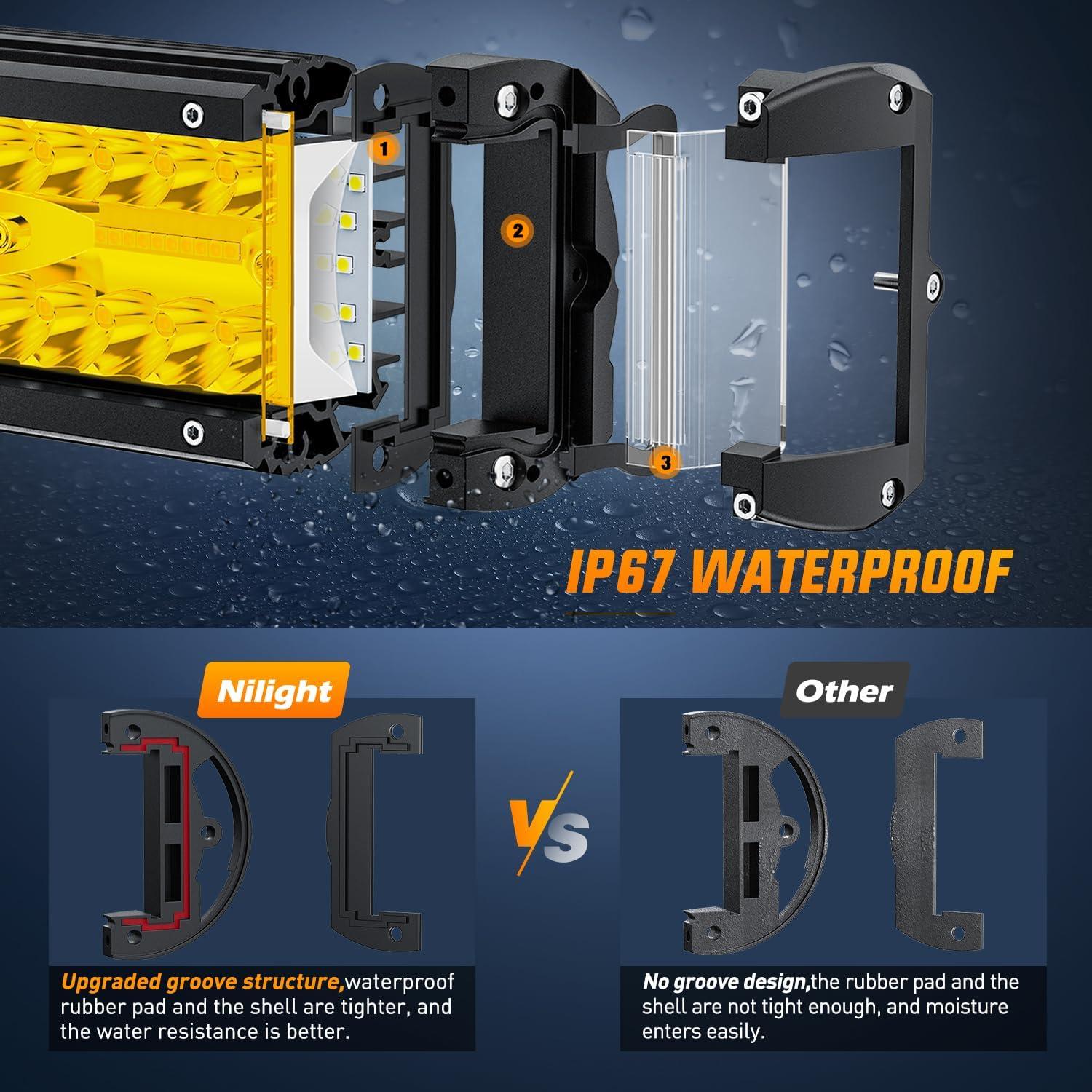 imageNilight LED Light Bar 2PC 4Inch 60W Flood Spot Combo Triple Row Driving Lamp Roof Bumper Off Road Work Lights for Van Camper Wagon Car Pickup Golf Cart ATV UTV SUV Truck Boat 4x4Yellow Side Shooter Pods  Wiring