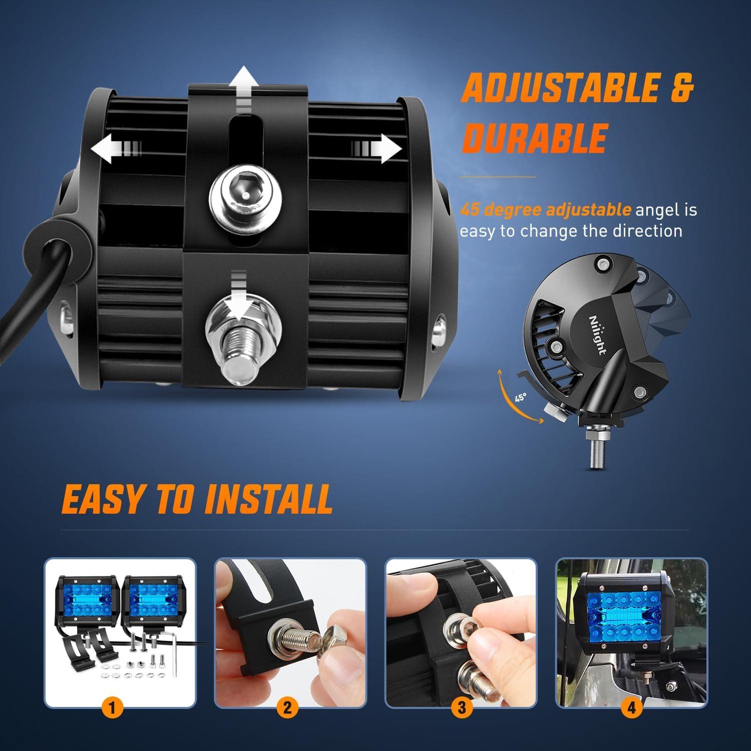 imageNilight LED Light Bar 2PC 4Inch 60W Flood Spot Combo Triple Row Driving Lamp Roof Bumper Off Road Work Lights for Van Camper Wagon Car Pickup Golf Cart ATV UTV SUV Truck Boat 4x4Blue Led Pods