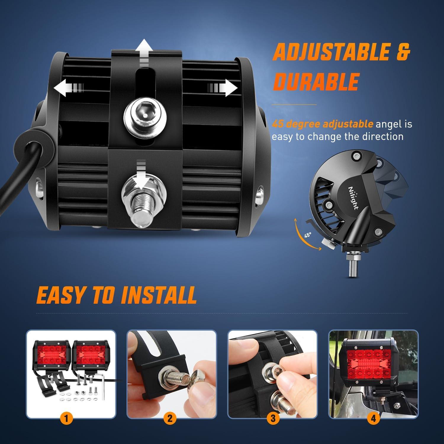 imageNilight LED Light Bar 2PC 4Inch 60W Flood Spot Combo Triple Row Driving Lamp Roof Bumper Off Road Work Lights for Van Camper Wagon Car Pickup Golf Cart ATV UTV SUV Truck Boat 4x4Red Led Pods