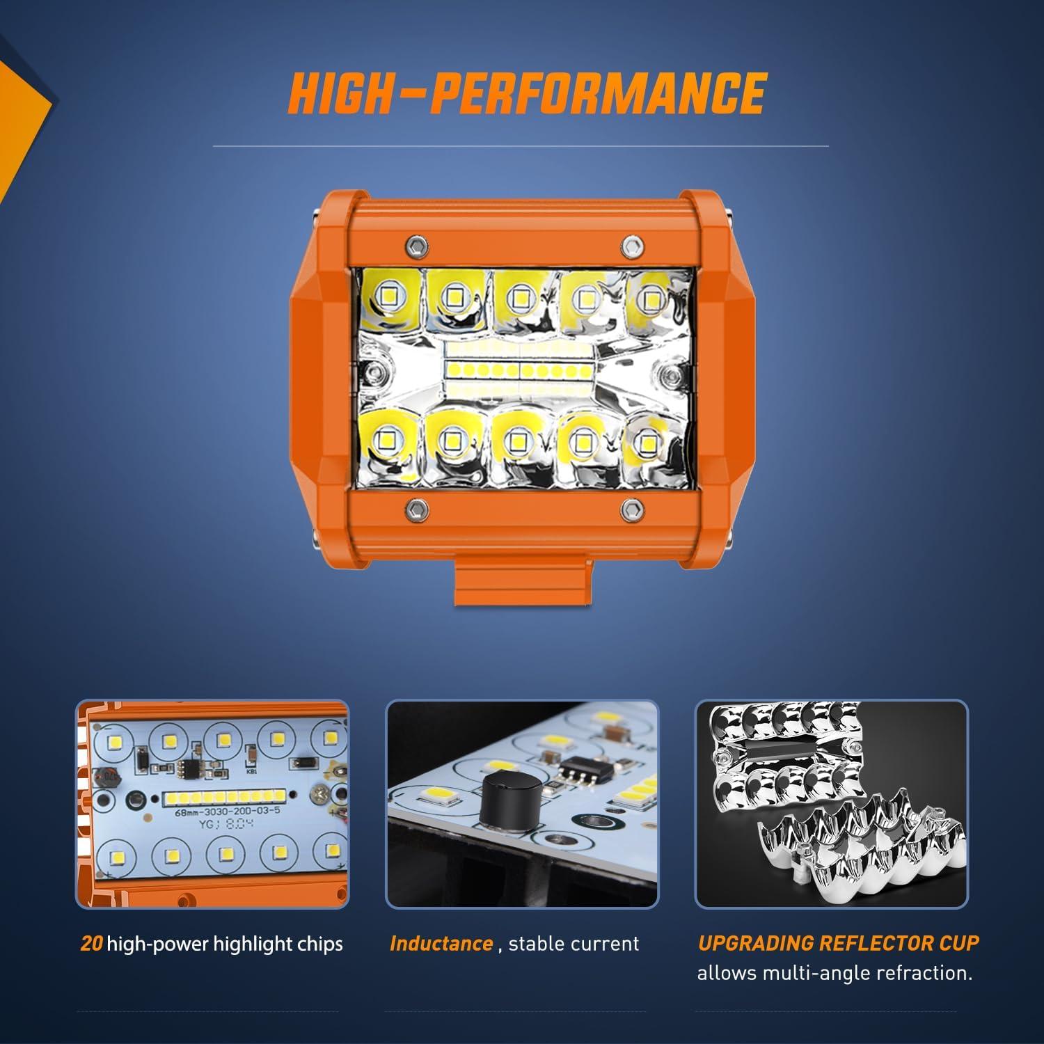 imageNilight LED Light Bar 2PC 4Inch 60W Flood Spot Combo Triple Row Driving Lamp Roof Bumper Off Road Work Lights for Van Camper Wagon Car Pickup Golf Cart ATV UTV SUV Truck Boat 4x42Pcs Amber Shell with White Light