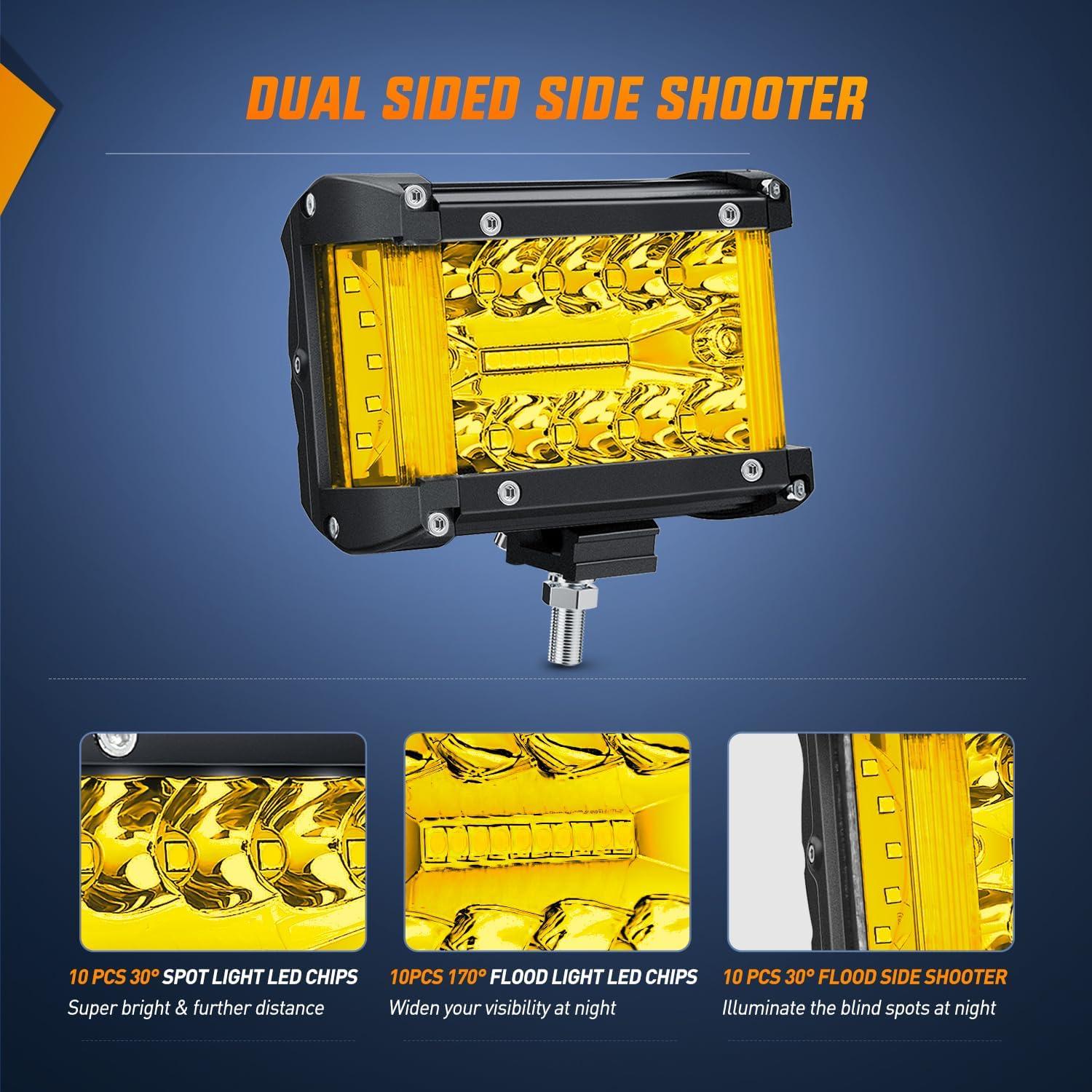 imageNilight LED Light Bar 2PC 4Inch 60W Flood Spot Combo Triple Row Driving Lamp Roof Bumper Off Road Work Lights for Van Camper Wagon Car Pickup Golf Cart ATV UTV SUV Truck Boat 4x4Yellow Side Shooter Pods  Wiring