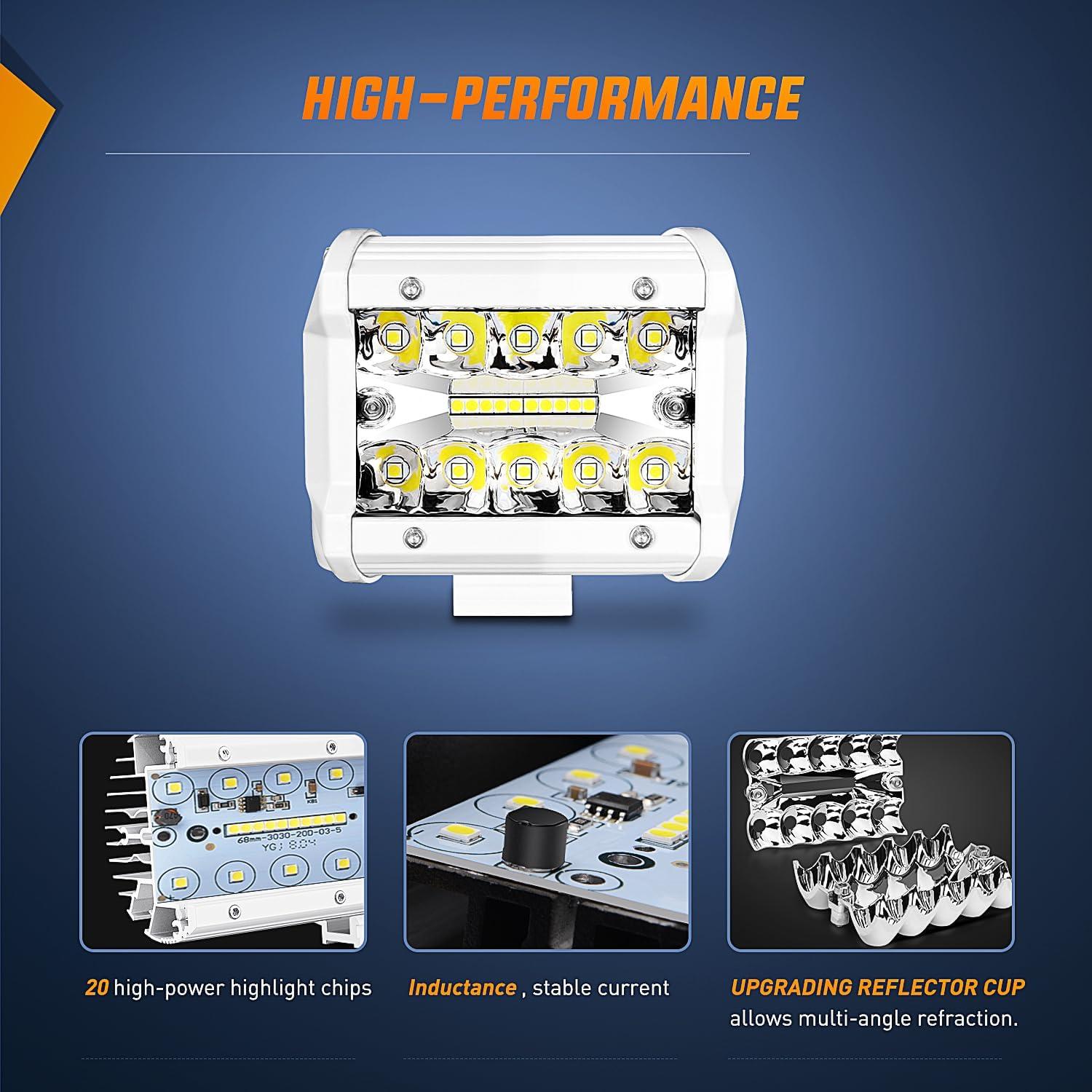 imageNilight LED Light Bar 2PC 4Inch 60W Flood Spot Combo Triple Row Driving Lamp Roof Bumper Off Road Work Lights for Van Camper Wagon Car Pickup Golf Cart ATV UTV SUV Truck Boat 4x42Pcs White Shell with White Light