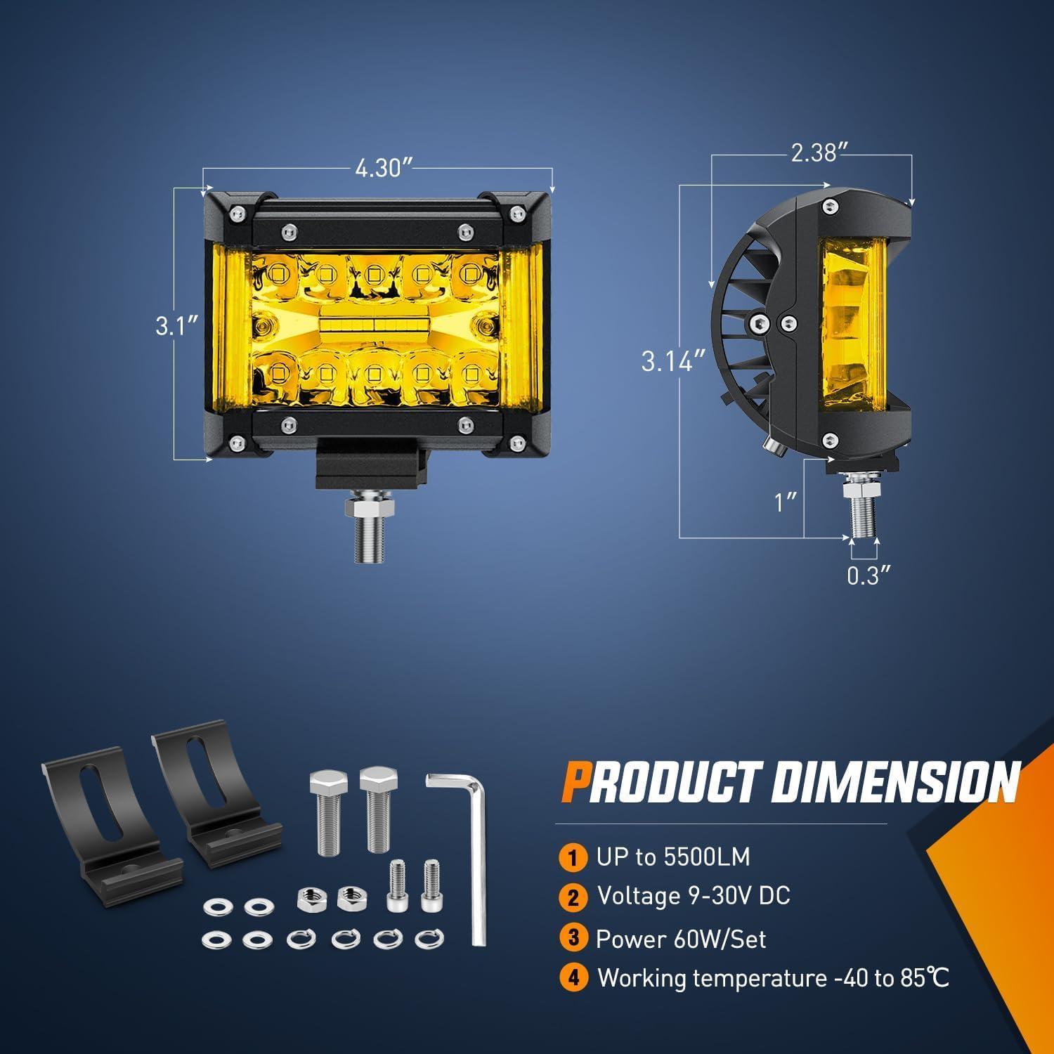 imageNilight LED Light Bar 2PC 4Inch 60W Flood Spot Combo Triple Row Driving Lamp Roof Bumper Off Road Work Lights for Van Camper Wagon Car Pickup Golf Cart ATV UTV SUV Truck Boat 4x4Yellow Side Shooter Pods  Wiring