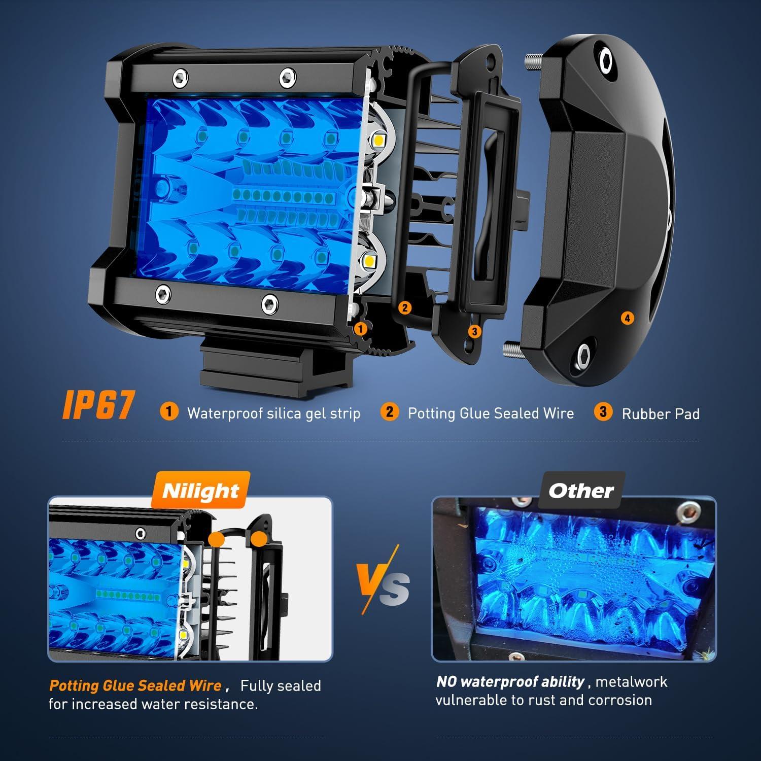 imageNilight LED Light Bar 2PC 4Inch 60W Flood Spot Combo Triple Row Driving Lamp Roof Bumper Off Road Work Lights for Van Camper Wagon Car Pickup Golf Cart ATV UTV SUV Truck Boat 4x4Blue Led Pods