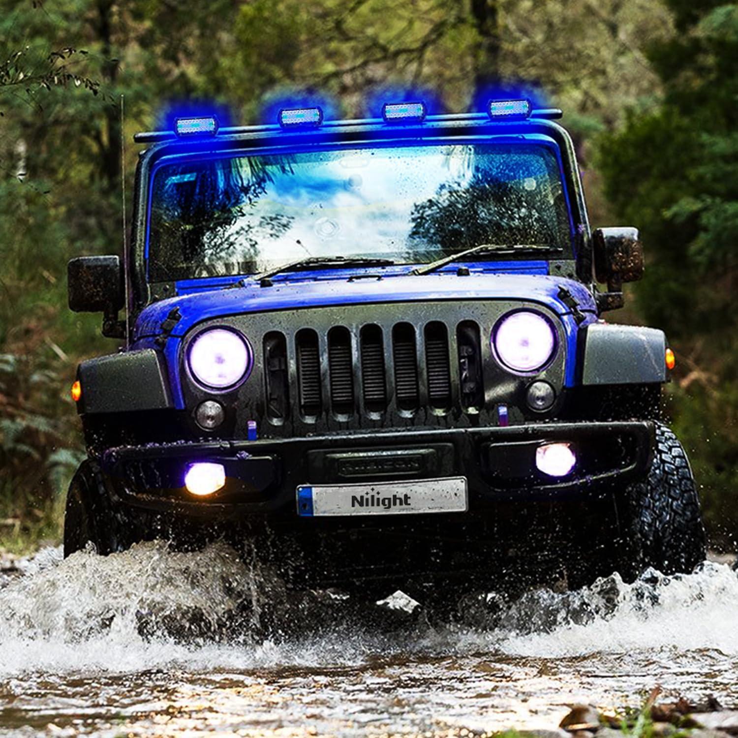 imageNilight LED Light Bar 2PC 65Inch 120W Flood Spot Combo Triple Row Driving Lamp Roof Bumper Off Road Work Lights for Van Camper Wagon Car Pickup Golf Cart ATV UTV SUV Truck Boat 4x42Pcs Led Pods Blue