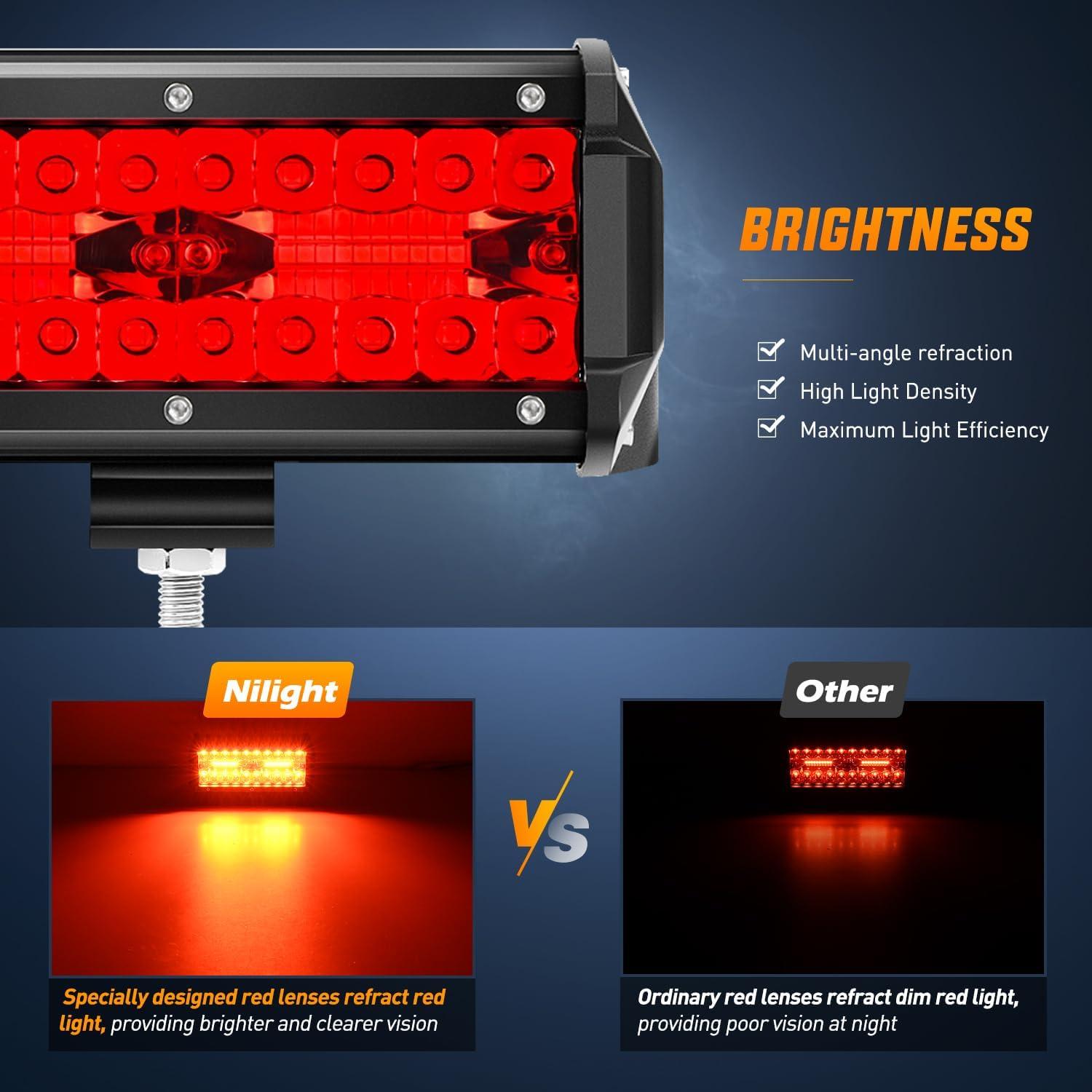 imageNilight LED Light Bar 2PC 65Inch 120W Flood Spot Combo Triple Row Driving Lamp Roof Bumper Off Road Work Lights for Van Camper Wagon Car Pickup Golf Cart ATV UTV SUV Truck Boat 4x42Pcs Led Pods Red