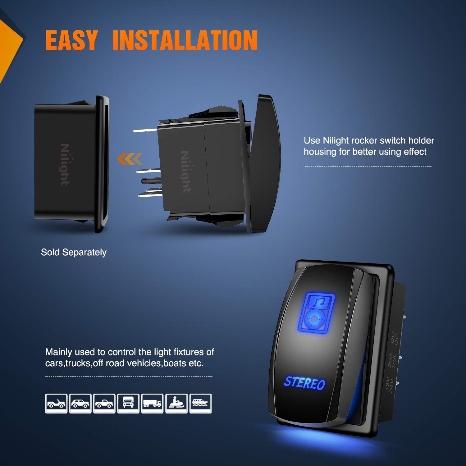 imageNilight LED Light Bar Rocker Switch Stereo Rocker Switch 5 Pin Laser OnOff Switch 20A12V 10A24V Switch Jumper Wires Set90006B  BlueBlue