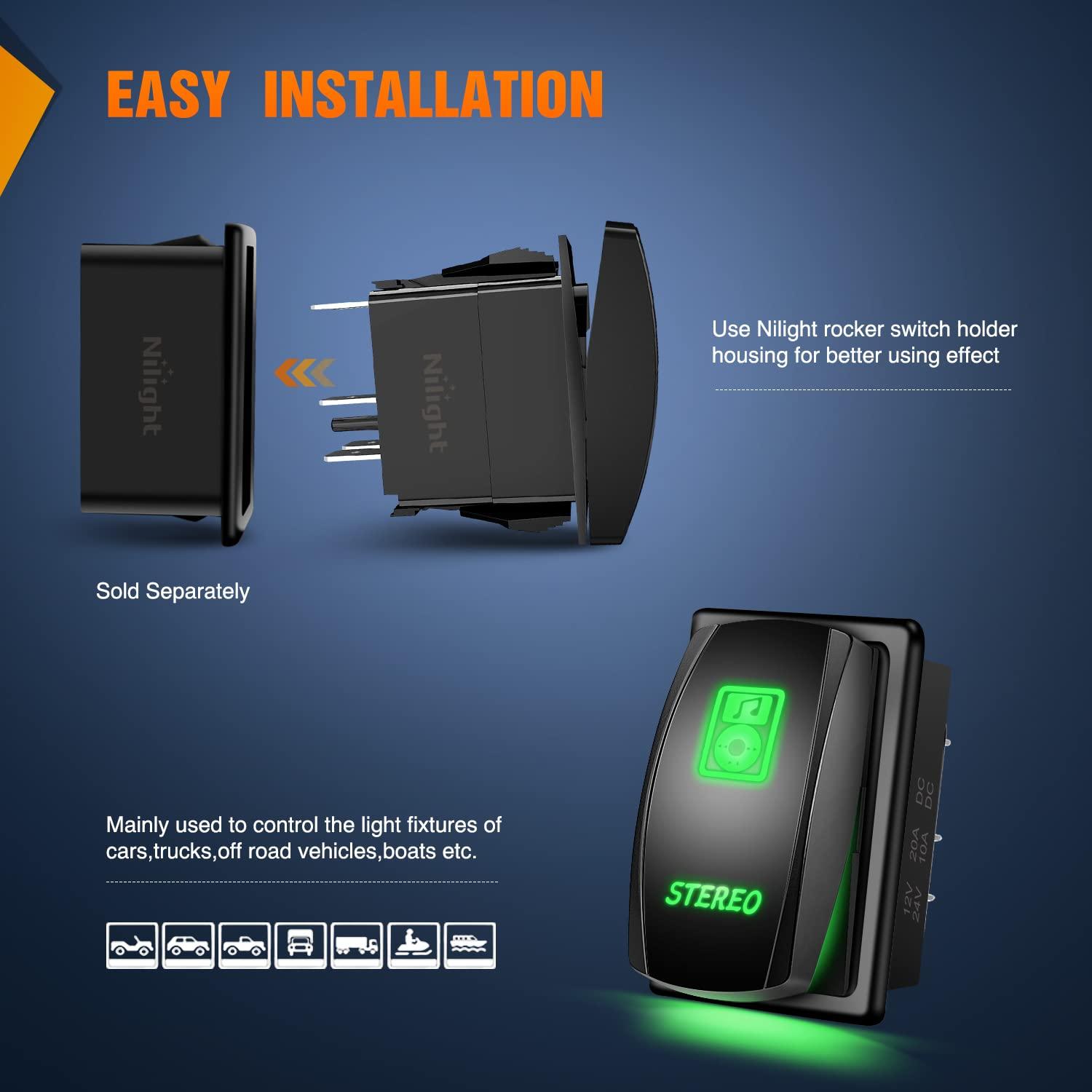 imageNilight LED Light Bar Rocker Switch Stereo Rocker Switch 5 Pin Laser OnOff Switch 20A12V 10A24V Switch Jumper Wires Set90006B  BlueGreen