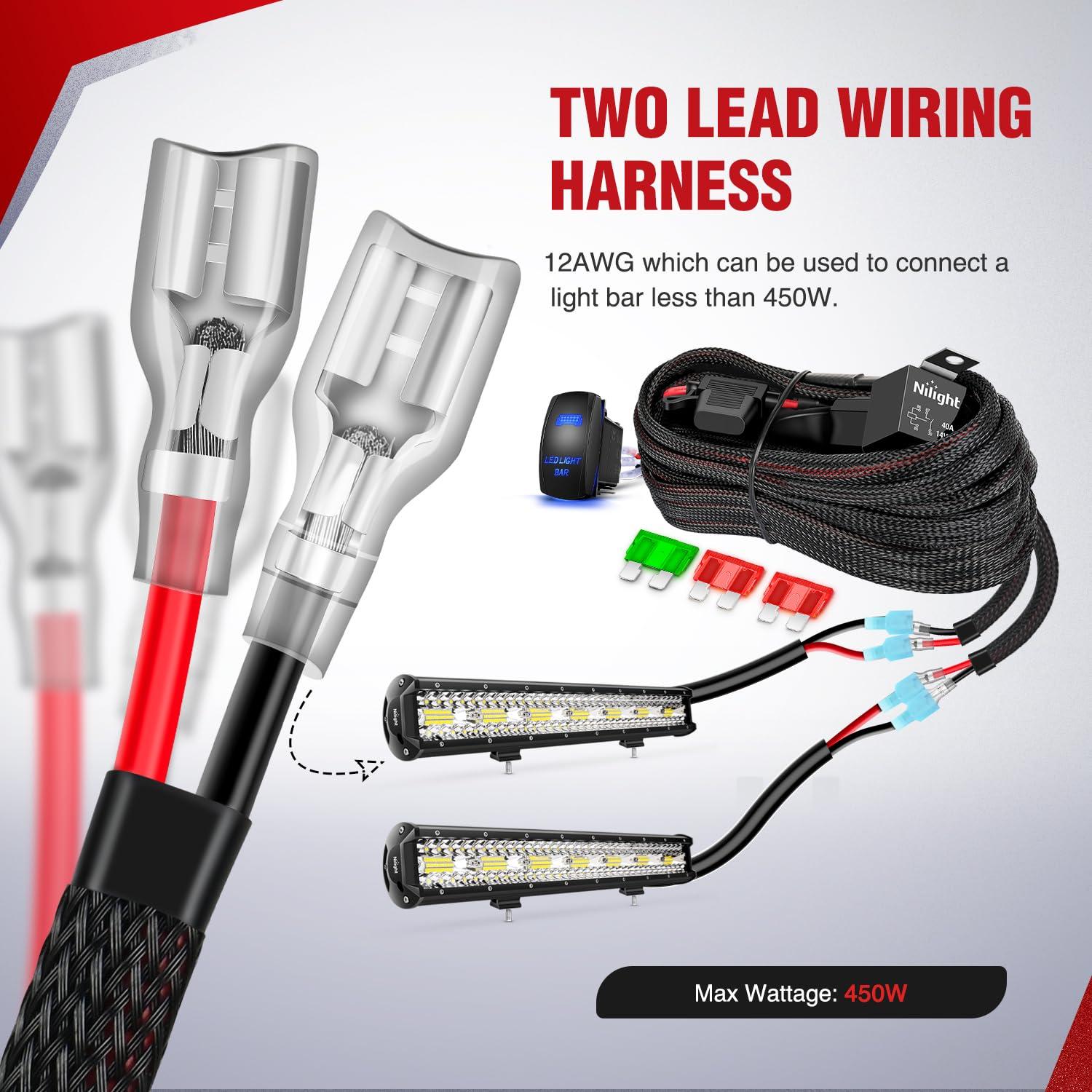 imageNilight LED Light Bar Wiring Harness Kit 12AWG Heavy Duty 12V 5Pin Rocker Switch Laser On Off Waterproof Switch Power Relay Blade Fuse2 Lead 10038W12AWG2 Leads w Nylon Wire Loom