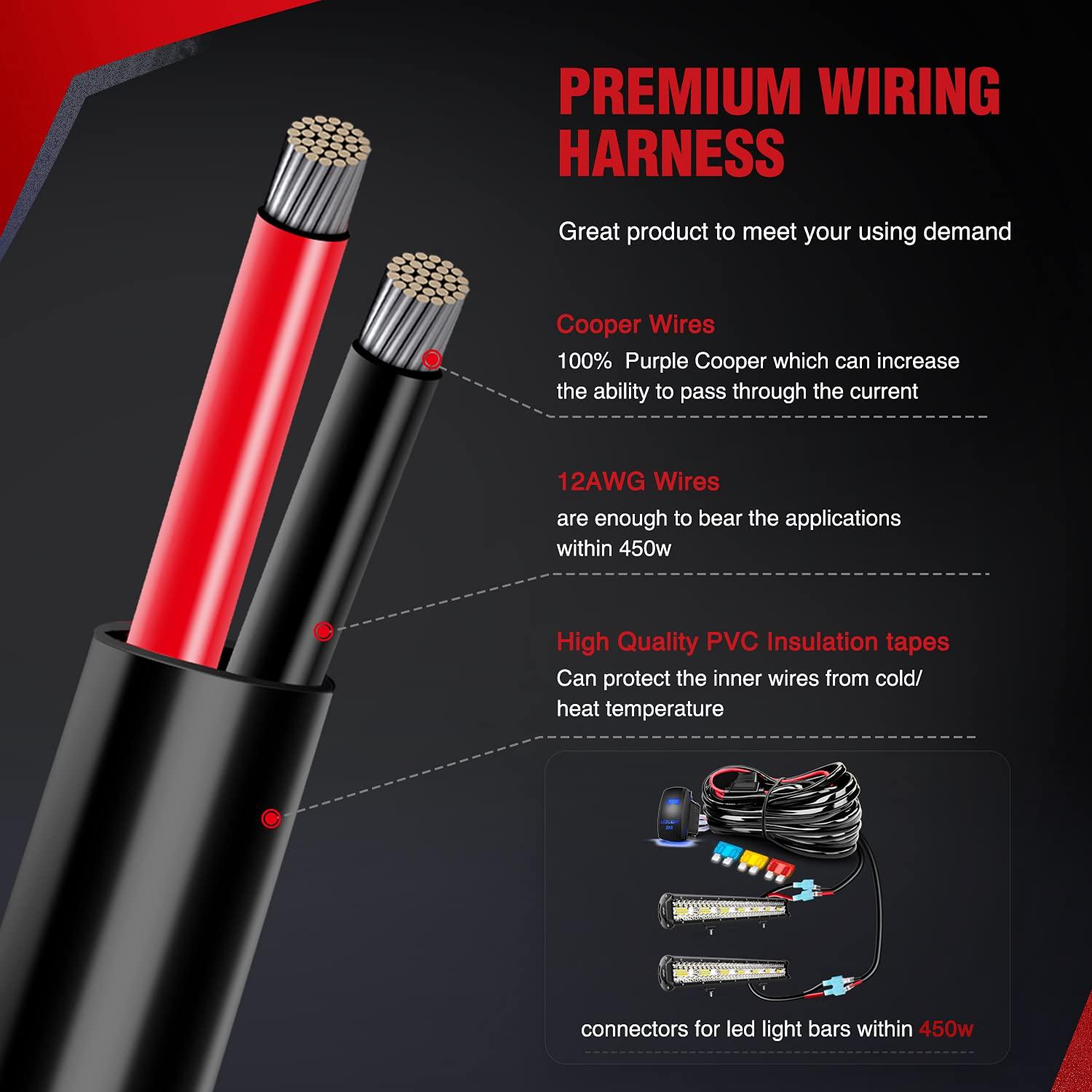 imageNilight LED Light Bar Wiring Harness Kit 12AWG Heavy Duty 12V 5Pin Rocker Switch Laser On Off Waterproof Switch Power Relay Blade Fuse2 Lead 10038W12AWG2 Leads