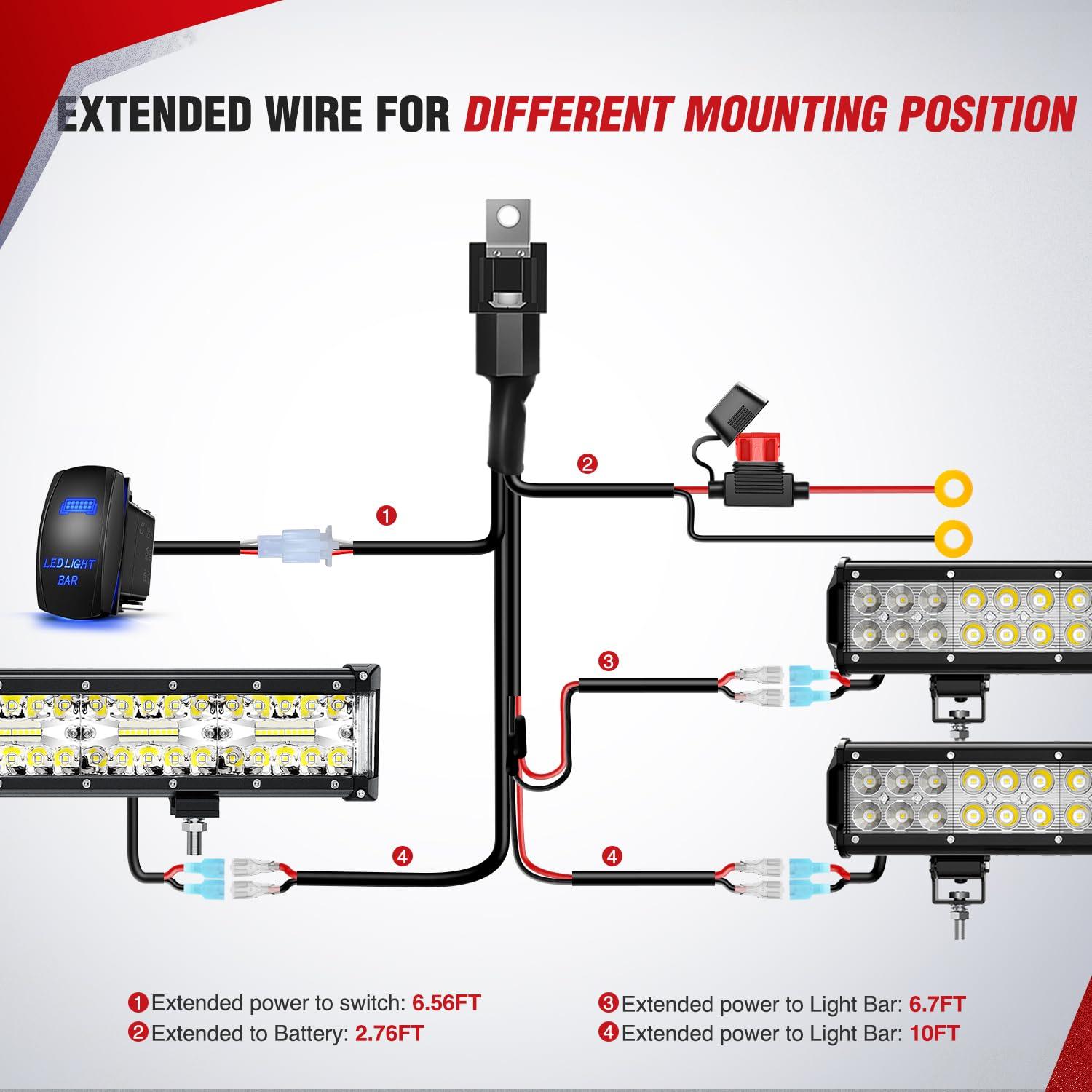 imageNilight LED Light Bar Wiring Harness Kit 12AWG Heavy Duty 12V 5Pin Rocker Switch Laser On Off Waterproof Switch Power Relay Blade Fuse2 Lead 10038W12AWG3 Leads