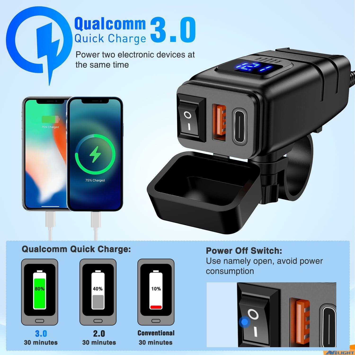 imageNilight LED Light Bar Wiring Harness Kit Motorcycle Handlebar Push Button Switch 16AWG 2 Leads 12V On Off for ATV UTV Driving Lights 78inchUSBPD Type C Charger Motorcycle