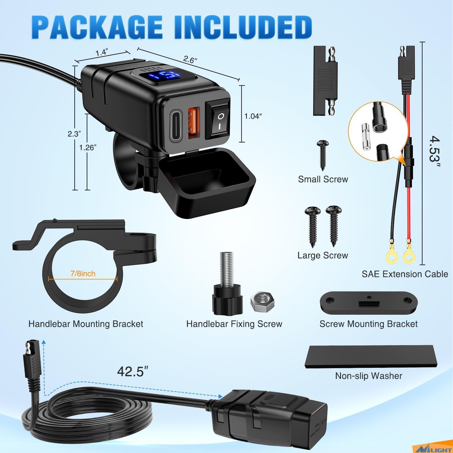 imageNilight LED Light Bar Wiring Harness Kit Motorcycle Handlebar Push Button Switch 16AWG 2 Leads 12V On Off for ATV UTV Driving Lights 78inchUSBPD Type C Charger Motorcycle