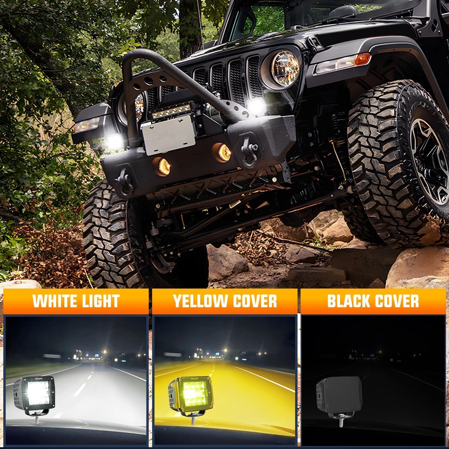 imageNilight LED Light Bar with YellowBlack Covers 2 PCS 36 W 65 Inch Flood Off Road Lights Super Bright Driving Fog Boat Lighting Pods for Trucks Pickup Golf Cart SUV ATV UTV 4x4 Van Camper3 inch light  cover