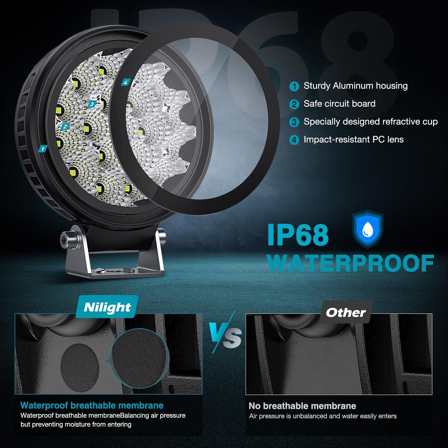 imageNilight LED Light Pods 2 PCS 4 Inch 19LED Super Slim Flood Beam Round Driving Offroad Work Side Ditch Lights Builtin EMC for Tractor Truck Motorbike Boat ATV4Inch 9Led Light Pods 2Pcs