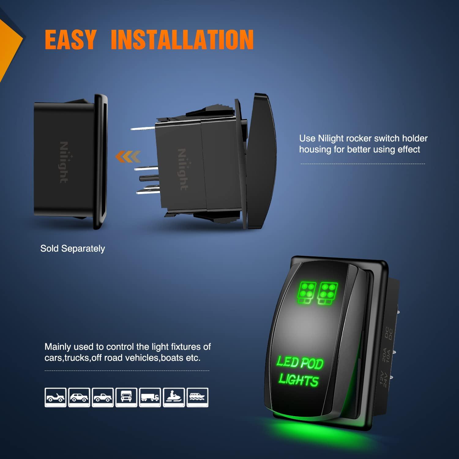 imageNilight LED POD Lights Rocker Switch Led Light Bar Switch 5Pin Laser OnOff switches 20A12V 10A24V Switch with Jumper Wires Set for CarsTrucksRVs2 Years WarrantyGreen