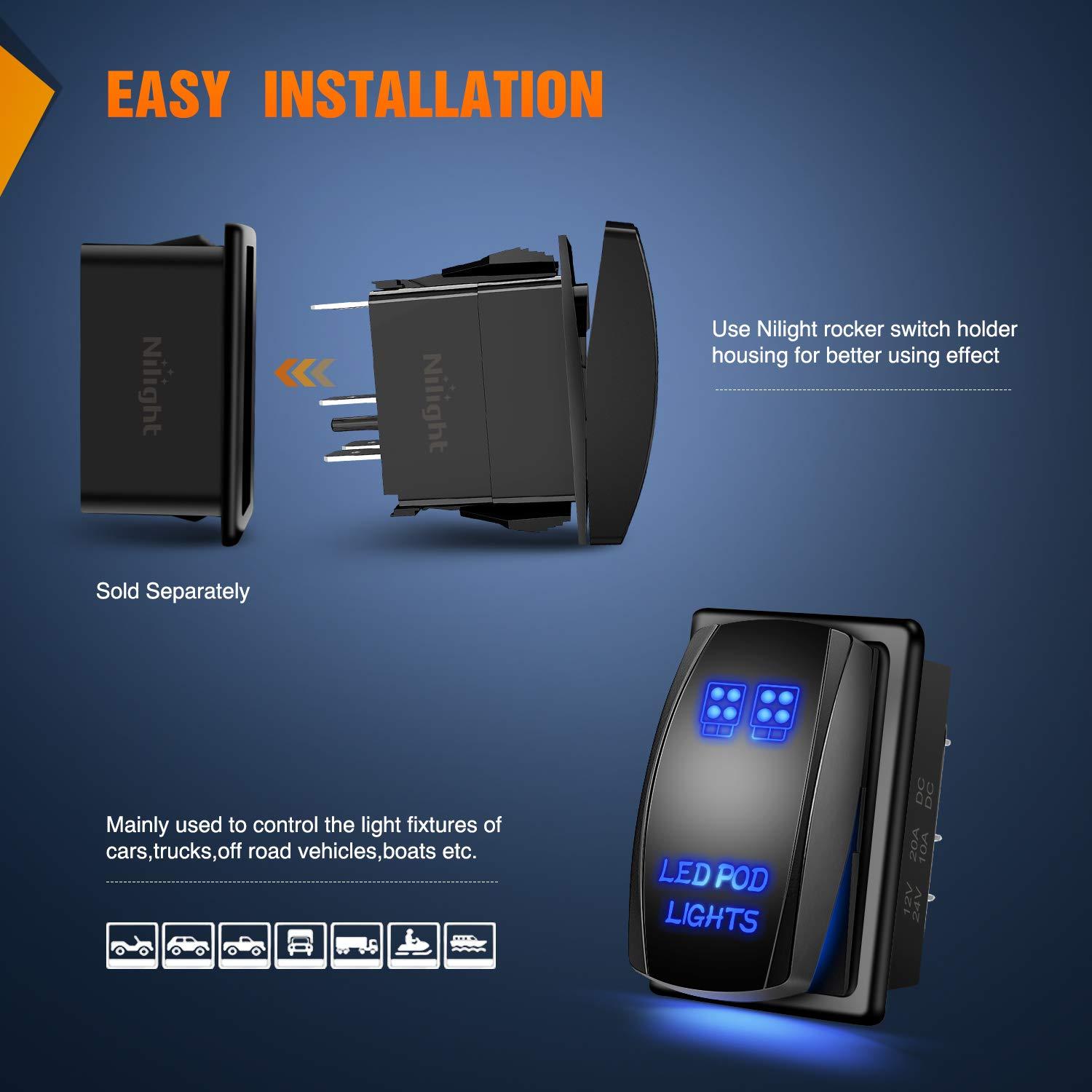 imageNilight LED POD Lights Rocker Switch Led Light Bar Switch 5Pin Laser OnOff switches 20A12V 10A24V Switch with Jumper Wires Set for CarsTrucksRVs2 Years WarrantyBlue