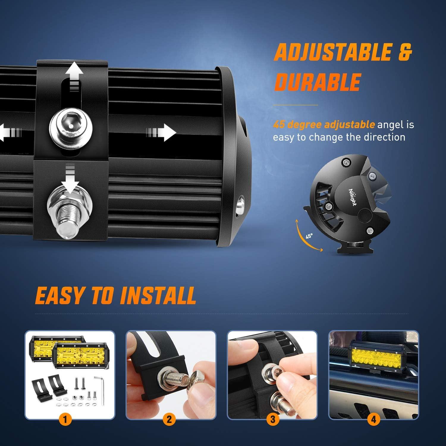 imageNilight LED Pods 2Pcs 65 Inch 120W Yellow Flood Spot Combo Triple Row Driving Lamp Roof Bumper Off Road LED Work Lights Bar for Van Camper Wagon Car Pickup Golf Cart ATV UTV SUV Truck Boat 4x4