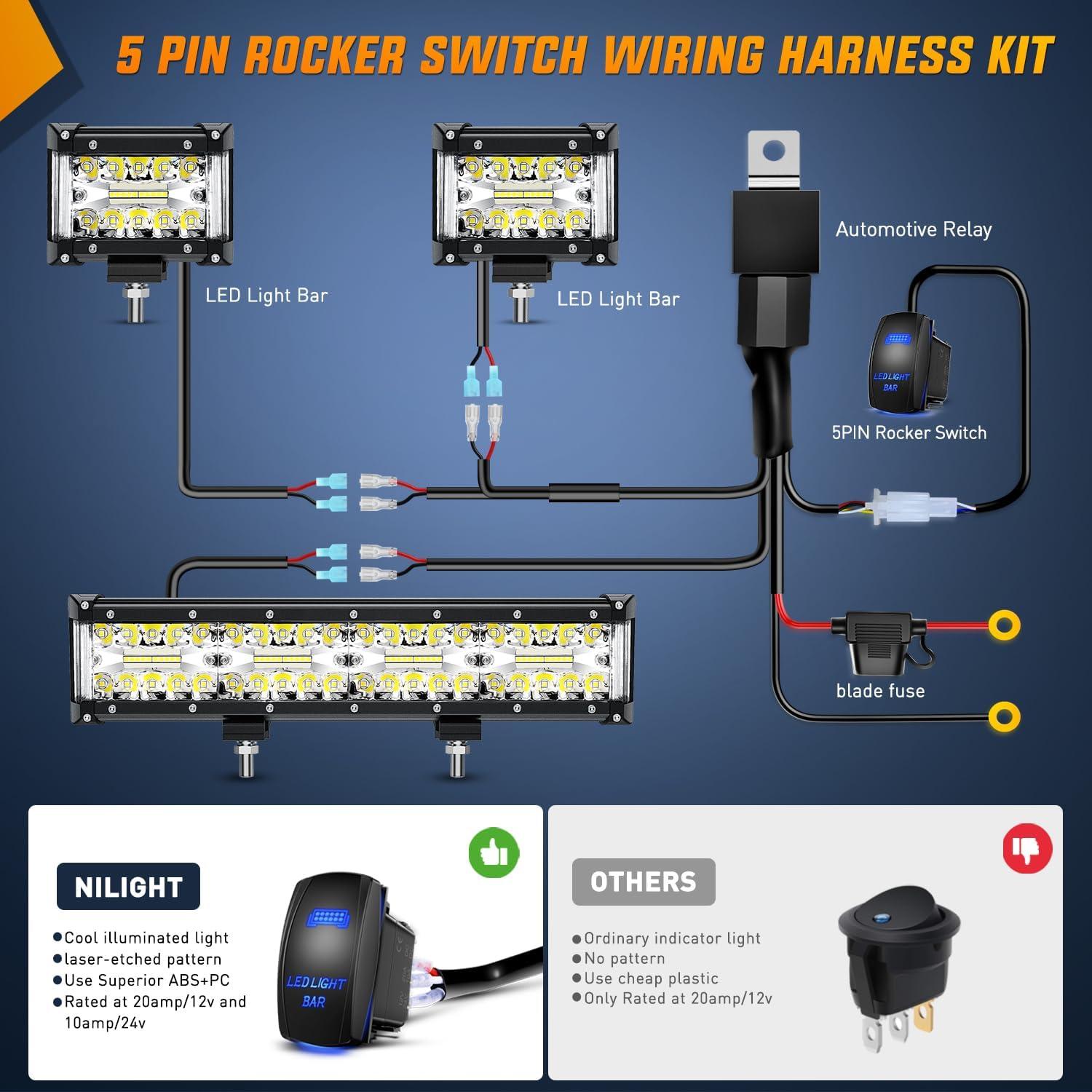 imageNilight Led Light Bar 12Inch 300W Triple Row Flood Spot Combo 30000LM Bar Driving Boat Lighting Led Off Road Lights for Trucks2 Years WarrantyWhite Side Shooter Light PodsWiring Harness