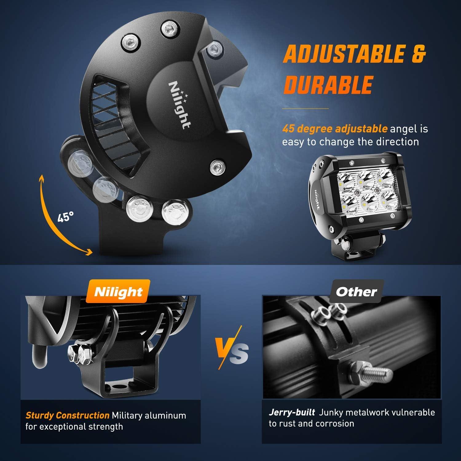 imageNilight Led Pods 2PCS 4 Inch 18W Spot LED Light Bar Off Road Lights Driving Fog Lights with 16AWG Wiring Harness Kit2 Leads for Van Camper Car Pickup Golf Cart ATV UTV SUV Truck Boat 4x4Led PodsWiring Harness