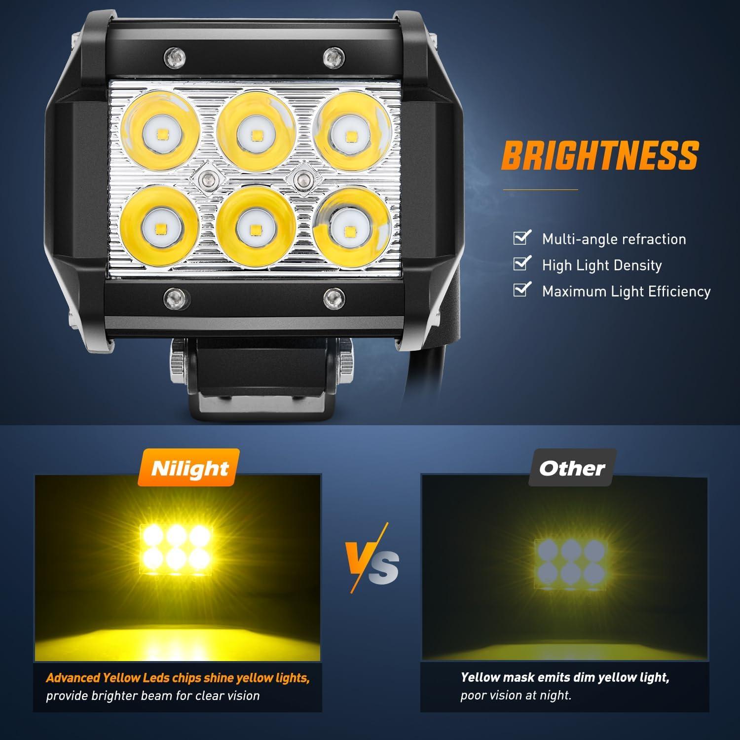 imageNilight Led Pods 2Pcs 18W 1260LM Spot Off Road Lights Super Bright Driving Fog Boat Lamp Work Lighting Bar for Trucks Van Camper Wagon Car Pickup Golf Cart ATV UTV SUV Boat 4x4Yellow