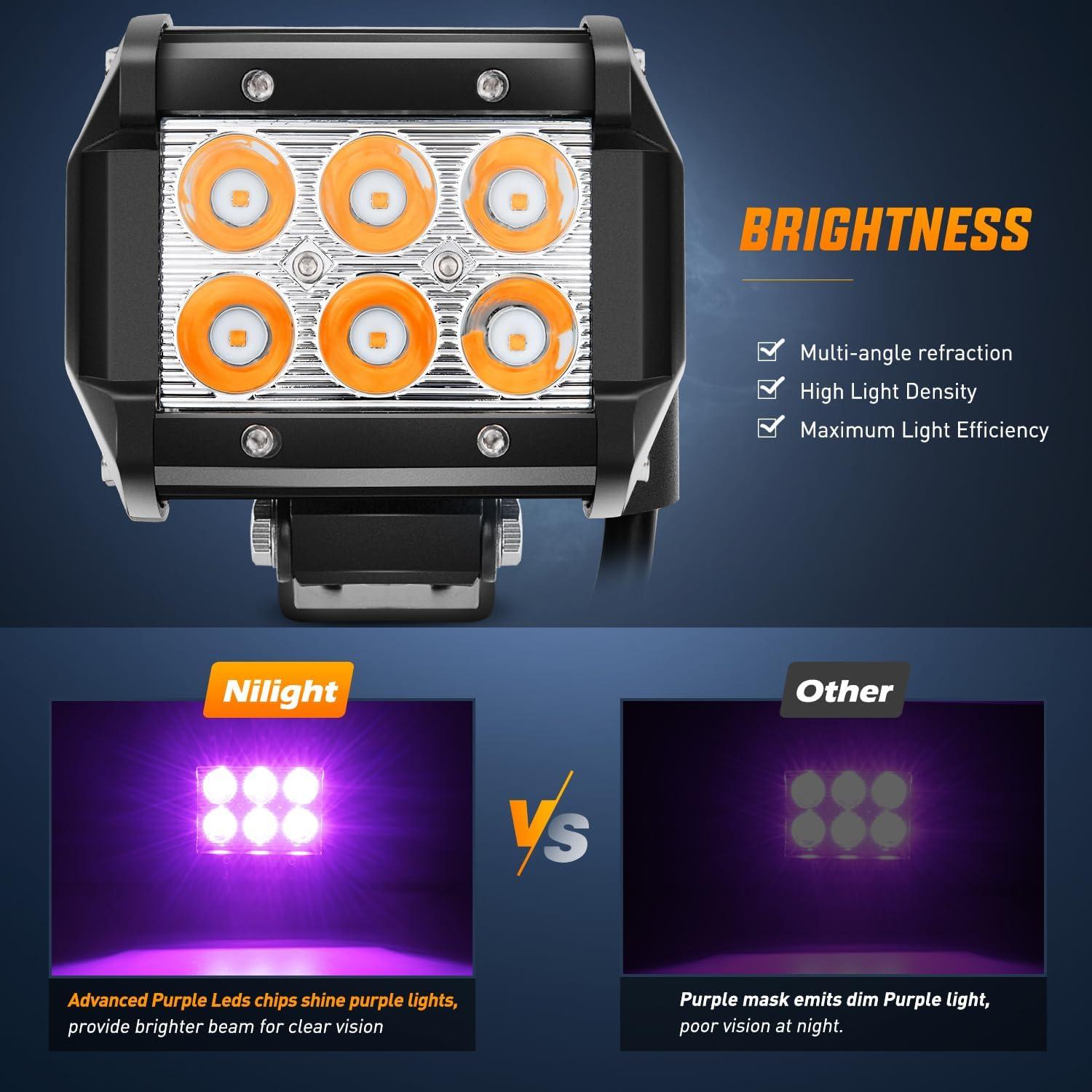 imageNilight Led Pods 2Pcs 18W 1260LM Spot Off Road Lights Super Bright Driving Fog Boat Lamp Work Lighting Bar for Trucks Van Camper Wagon Car Pickup Golf Cart ATV UTV SUV Boat 4x4Purple