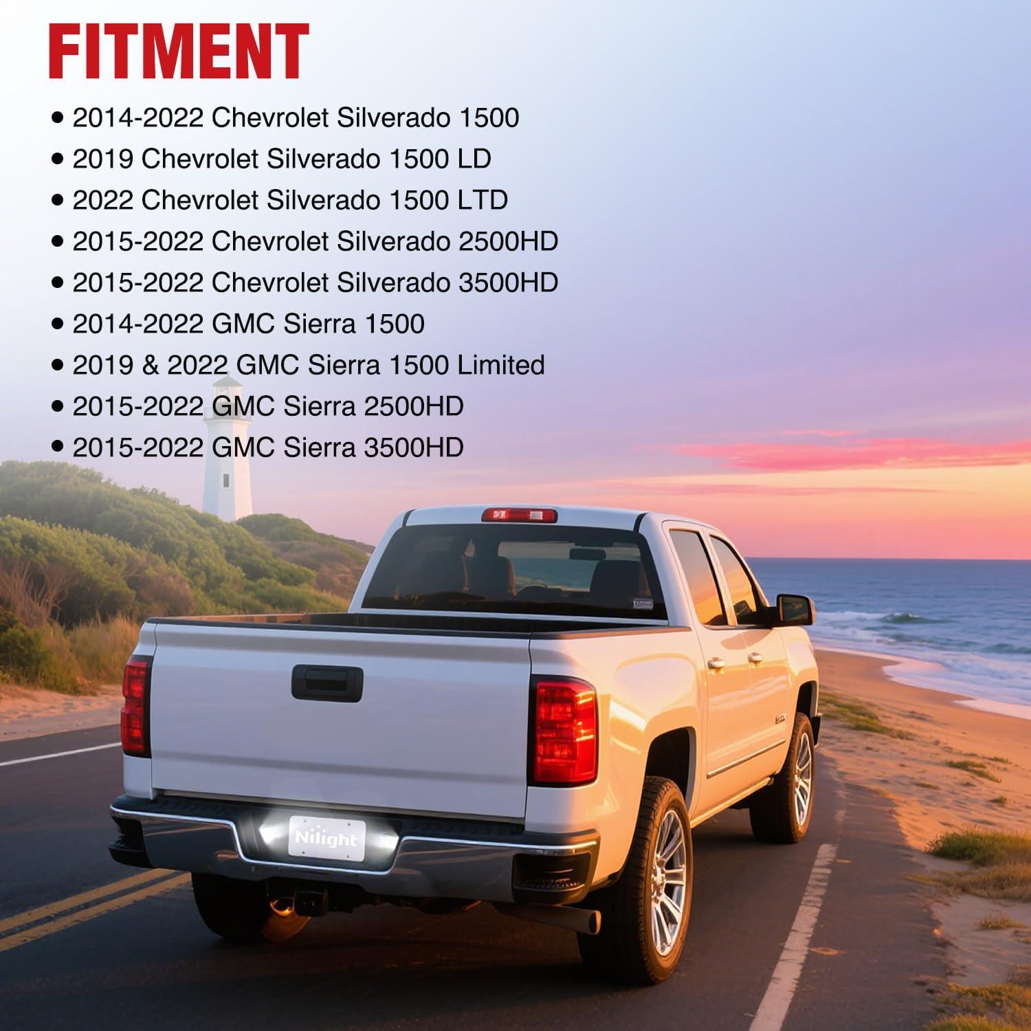 imageNilight License Plate Lights Compatible with 19992001 2002 2003 2004 2005 2006 2007 2008 2009 2010 2011 2012 2013 Chevy Silverado 1500 2500 3500 GMC Sierra Black housing 6000K White 2PCS Pack20142023 Chevy SilveradoGMC Sierra
