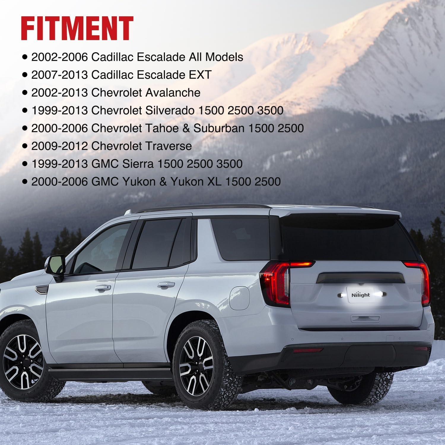 imageNilight License Plate Lights Compatible with 19992001 2002 2003 2004 2005 2006 2007 2008 2009 2010 2011 2012 2013 Chevy Silverado 1500 2500 3500 GMC Sierra Black housing 6000K White 2PCS Pack19992013SilveradoSierra20072013Escalade