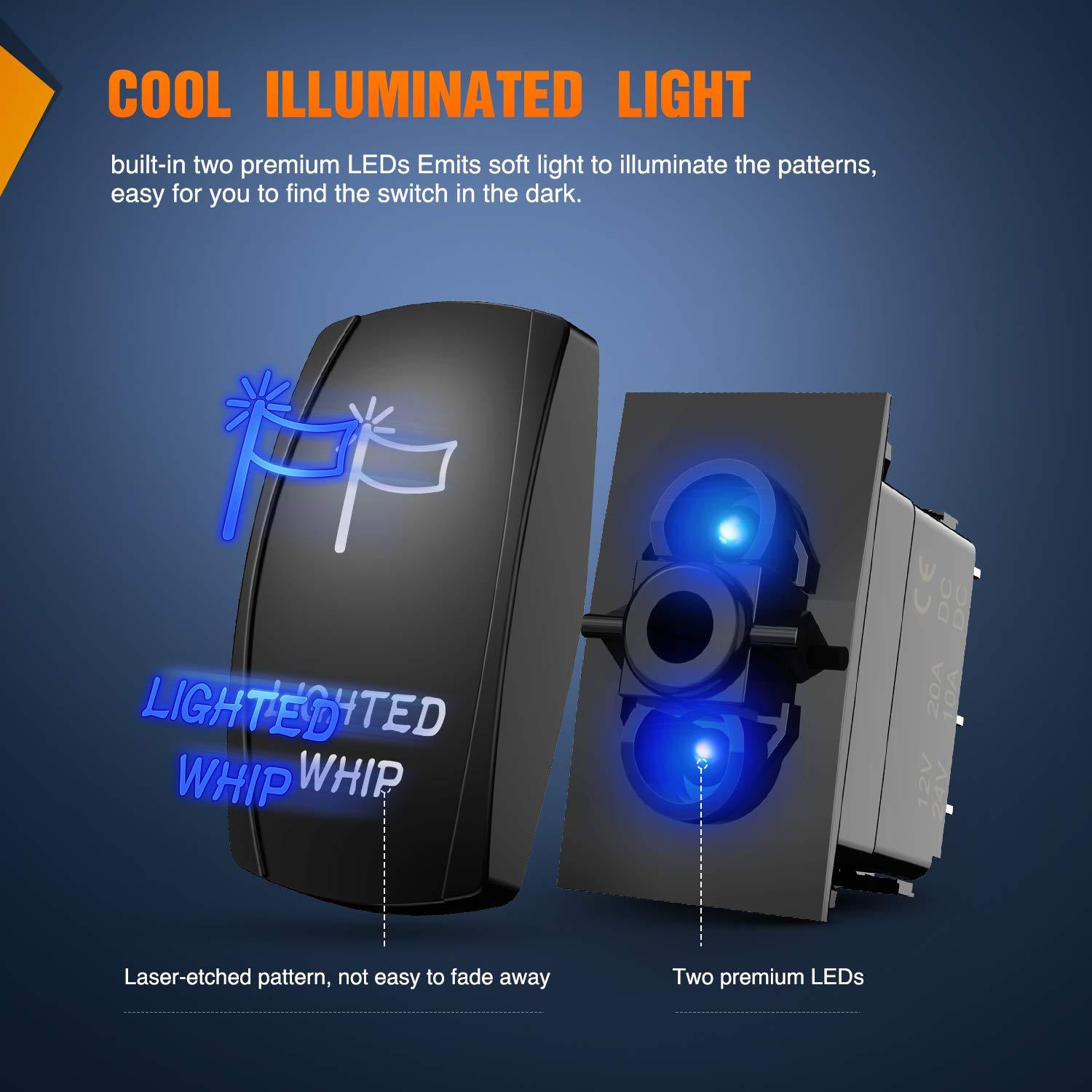 imageNilight Lighted Whip Rocker Switch Led Light Bar 5Pin Laser On Off SPST switches 20A12V 10A24V Red with Jumper Wires Set for Cars Trucks RVsBlue