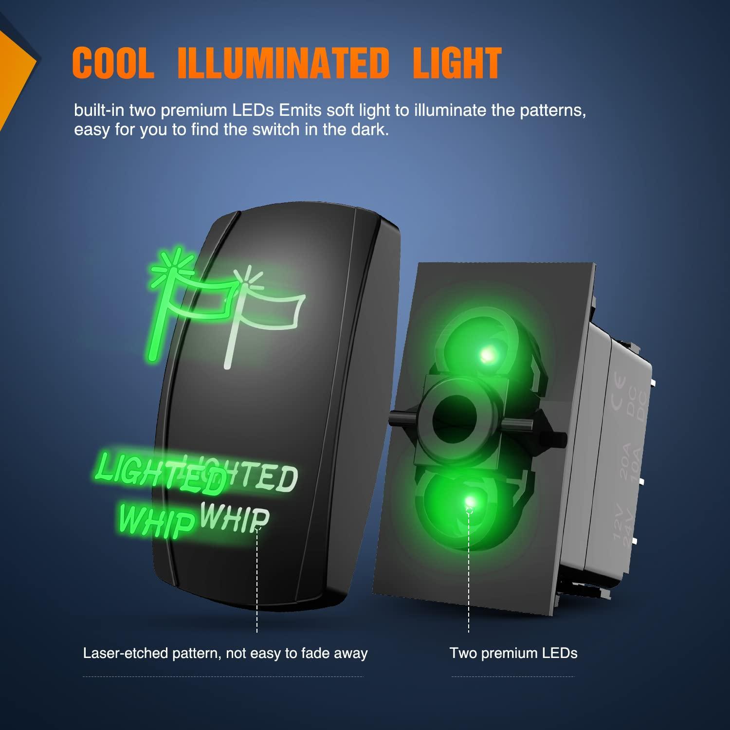 imageNilight Lighted Whip Rocker Switch Led Light Bar 5Pin Laser On Off SPST switches 20A12V 10A24V Red with Jumper Wires Set for Cars Trucks RVsGreen