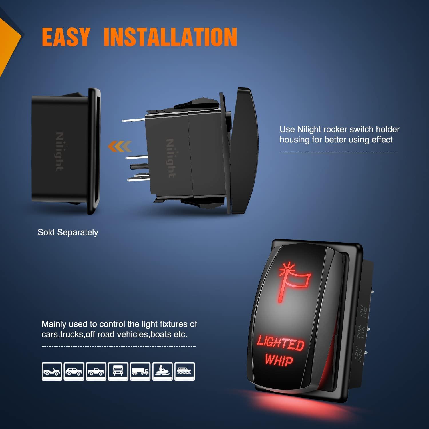 imageNilight Lighted Whip Rocker Switch Led Light Bar 5Pin Laser On Off SPST switches 20A12V 10A24V Red with Jumper Wires Set for Cars Trucks RVsRed