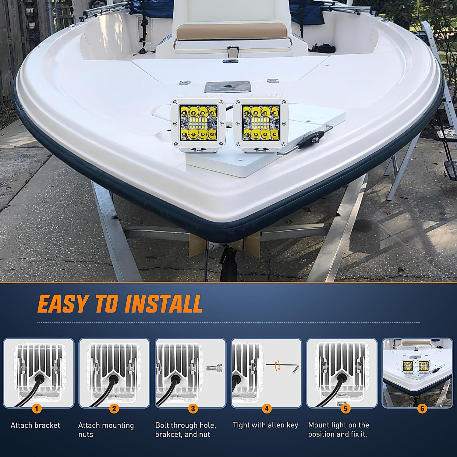 imageNilight Marine LED Light Pods Navigation Lights 2PCS 3 Inch White Spot Flood Combo Ponton Boat Deck Dock Lighting for Night Fishing Ttop Stern Yacht Port Sailboat Trucks TractorsWhite Shell White Light