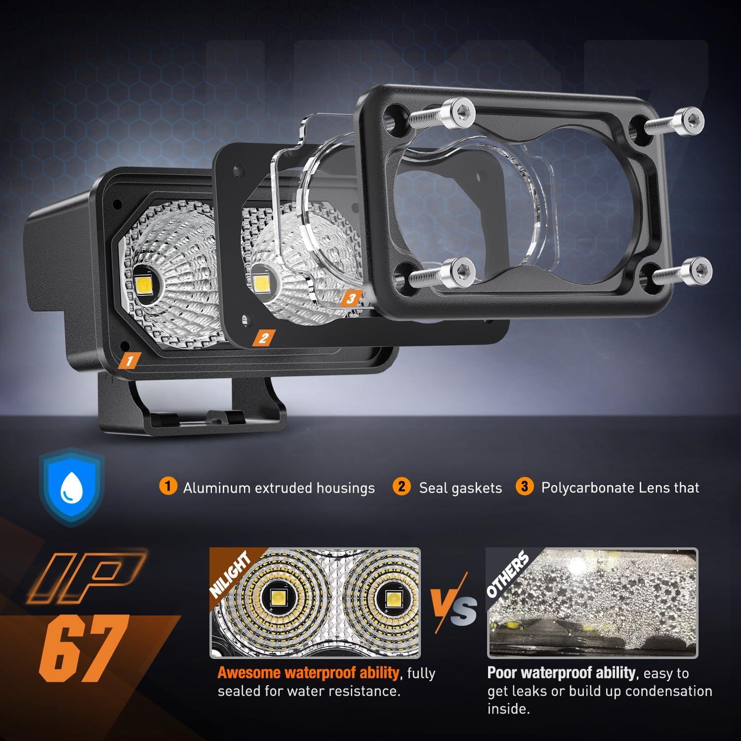 imageNilight Motorcycle Amber LED Pods 2 PCS 3 Inch 1070LM Flood Offroad Fog Driving Auxiliary Light w18AWG DT Wiring Harness Kit for ATV Truck Boat Tractor ForkliftWhite Led Pods Wiring harness