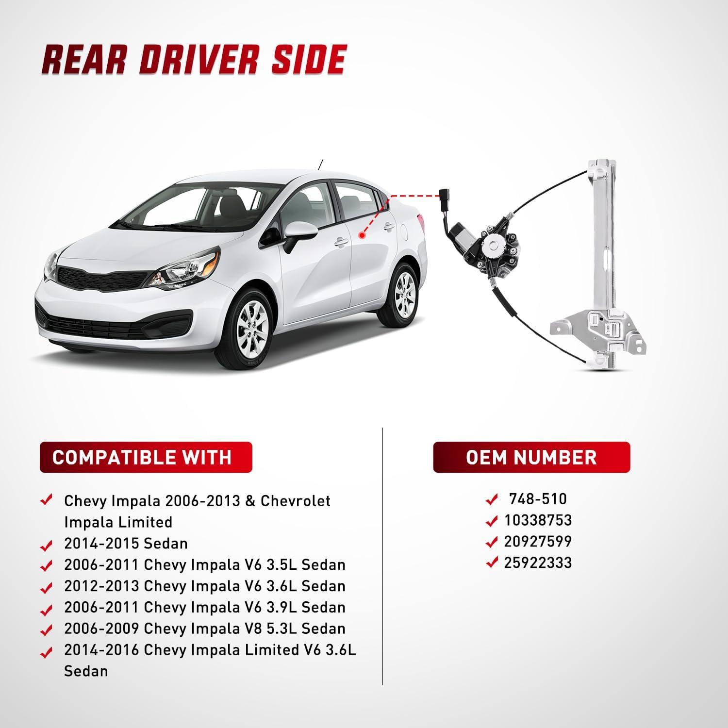 imageNilight Power Window RegulatorMotor Compatible with 2006 2007 2008 2009 2010 2011 2012 2013 Chevrolet ImpalaImpala Limited 2014 2015 2016 Rear Passenger Side 748511Rear Driver