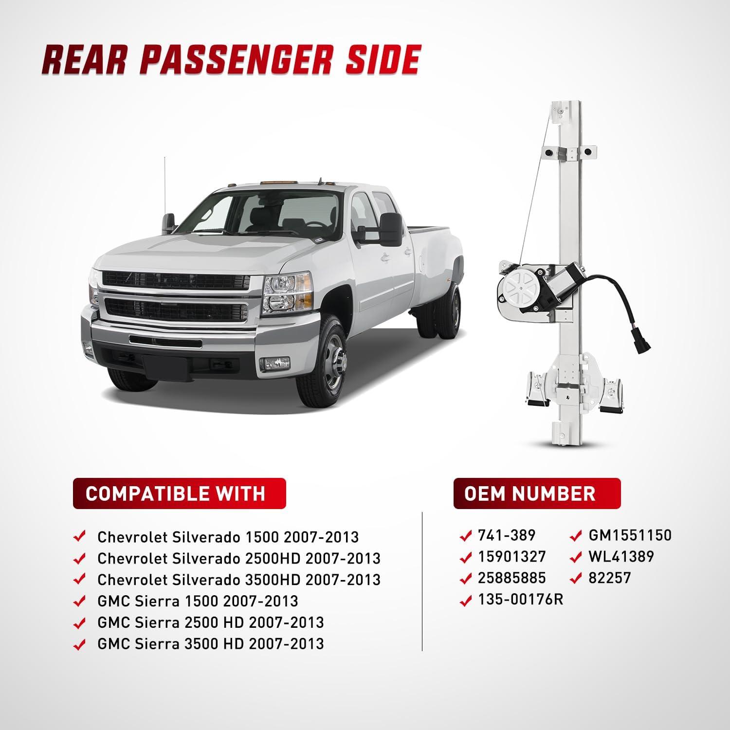 imageNilight Power Window RegulatorMotor Rear Passenger Side Compatible with Chevrolet SilveradoGMC Sierra 1500 2500 HD 3500 HD 2007 2008 2009 2010 2011 2012 2013Rear Right741389