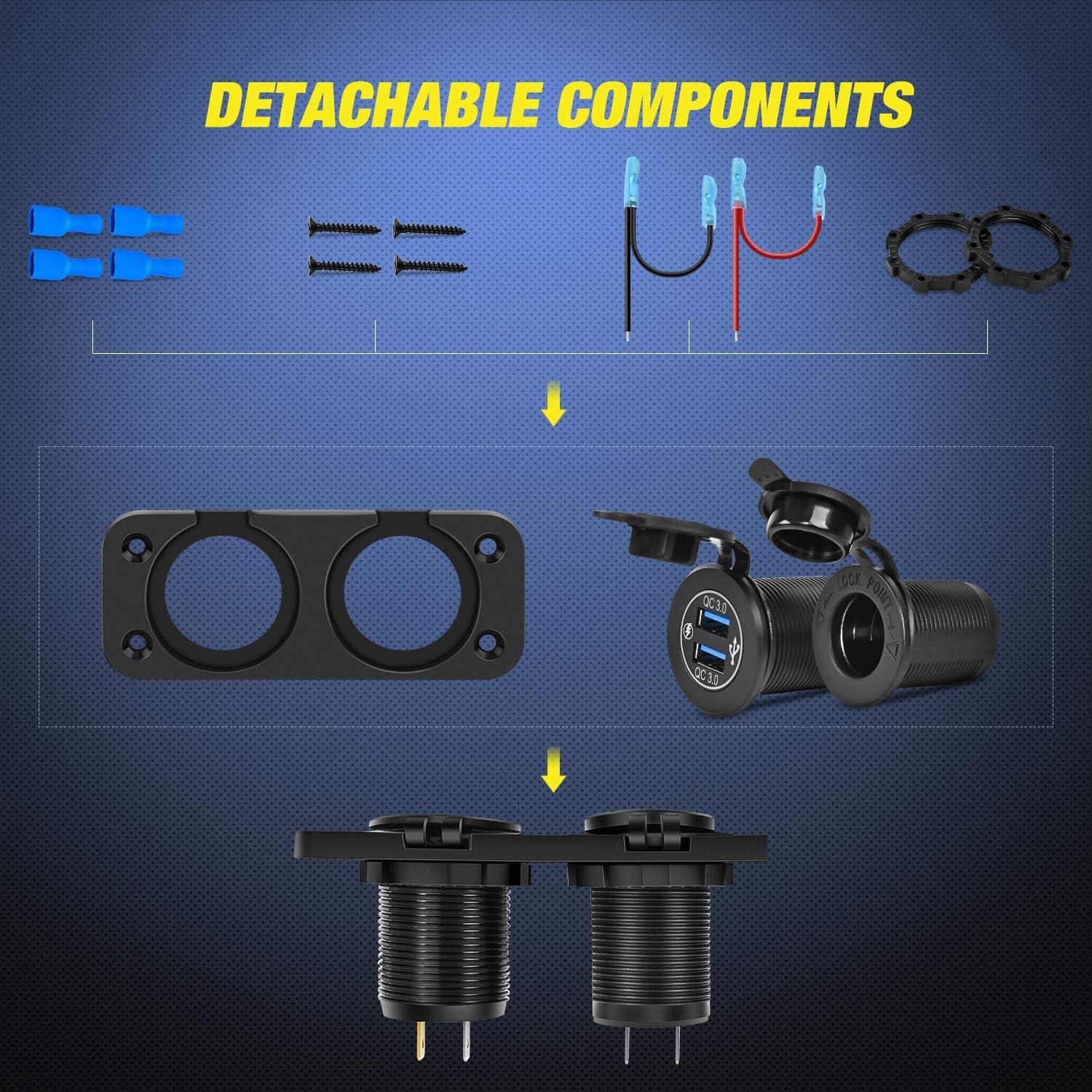 imageNilight QC 30 Dual USB Charger and Cigarette Lighter Socket PreWired 12V24V with Cigar Power for Cars TrucksDual USB Socket