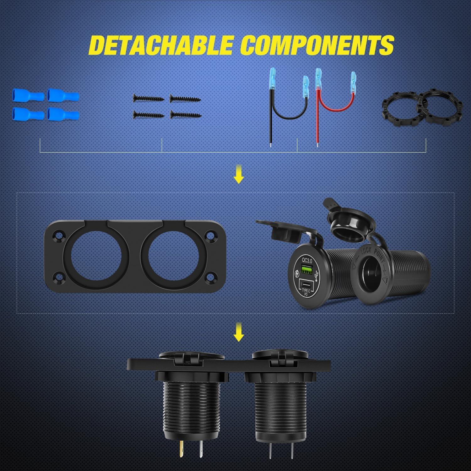 imageNilight QC 30 Dual USB Charger and Cigarette Lighter Socket PreWired 12V24V with Cigar Power for Cars TrucksType C USB Socket