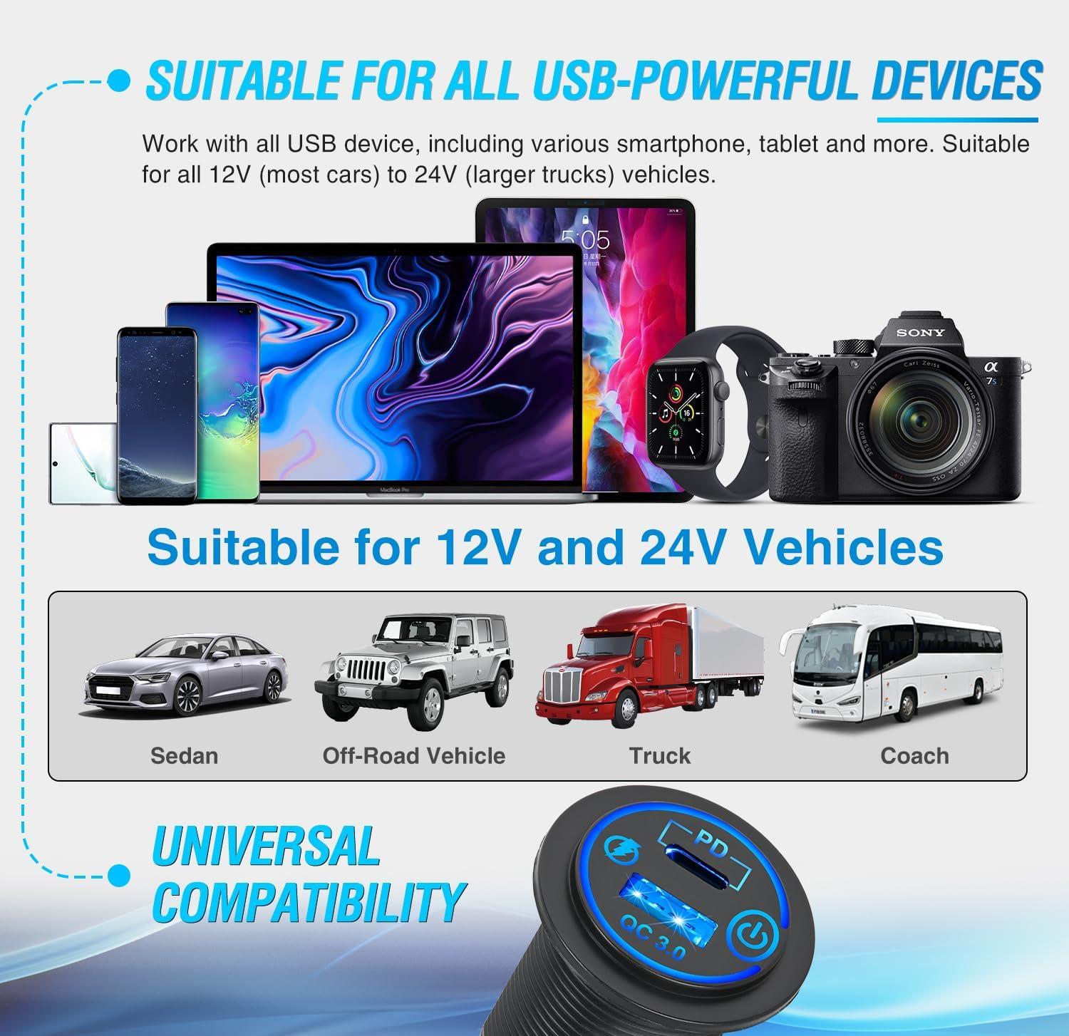 imageNilight Quick USB Outlet Socket 12V 24V Dual USBs Connector 5V 48A Car Outlets with Waterproof Cover Rotating Cap LED Light for Cars Trucks Motorcycle RVs Campers2PCS PDQC30