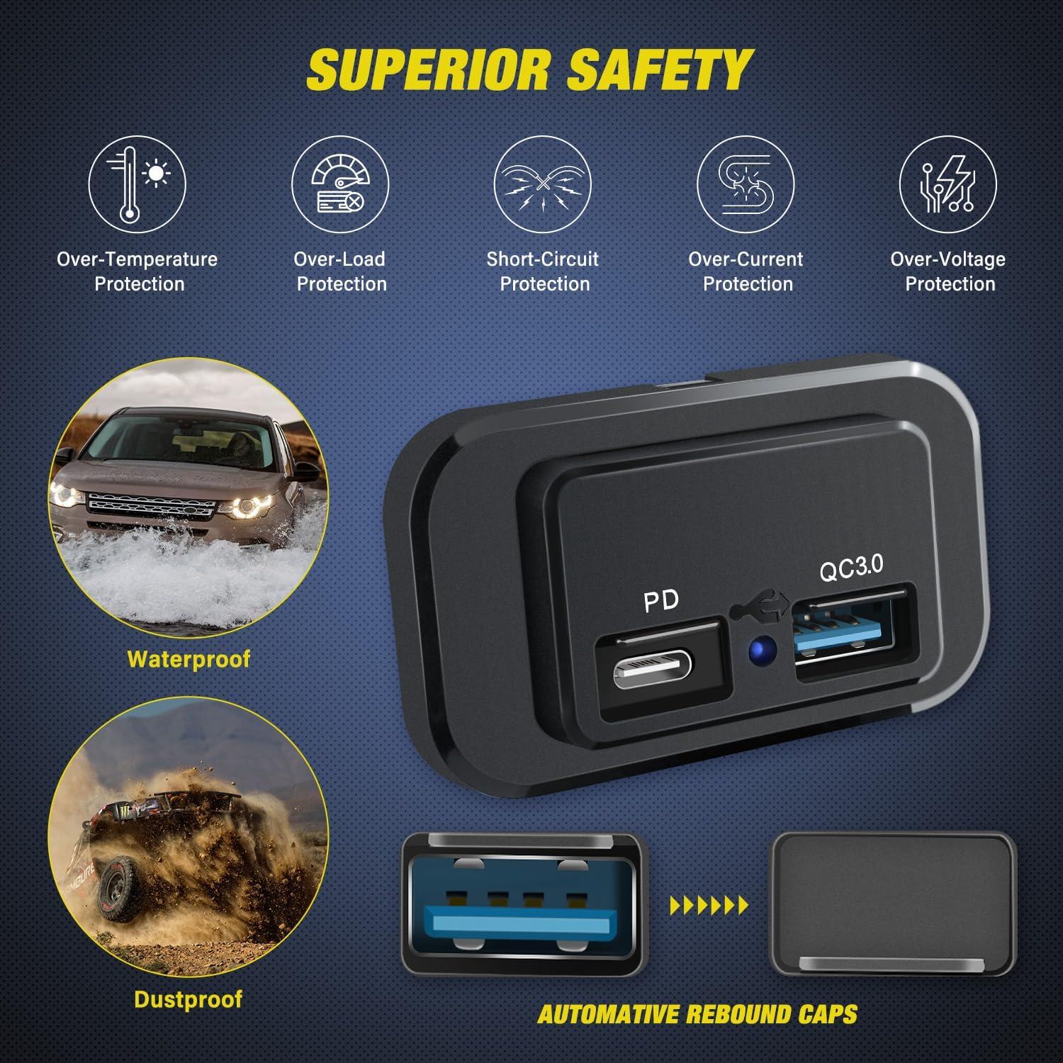 imageNilight Quick USB Outlet Socket 12V 24V Dual USBs Connector 5V 48A Car Outlets with Waterproof Cover Rotating Cap LED Light for Cars Trucks Motorcycle RVs Campers2Pcs USBPD Type C