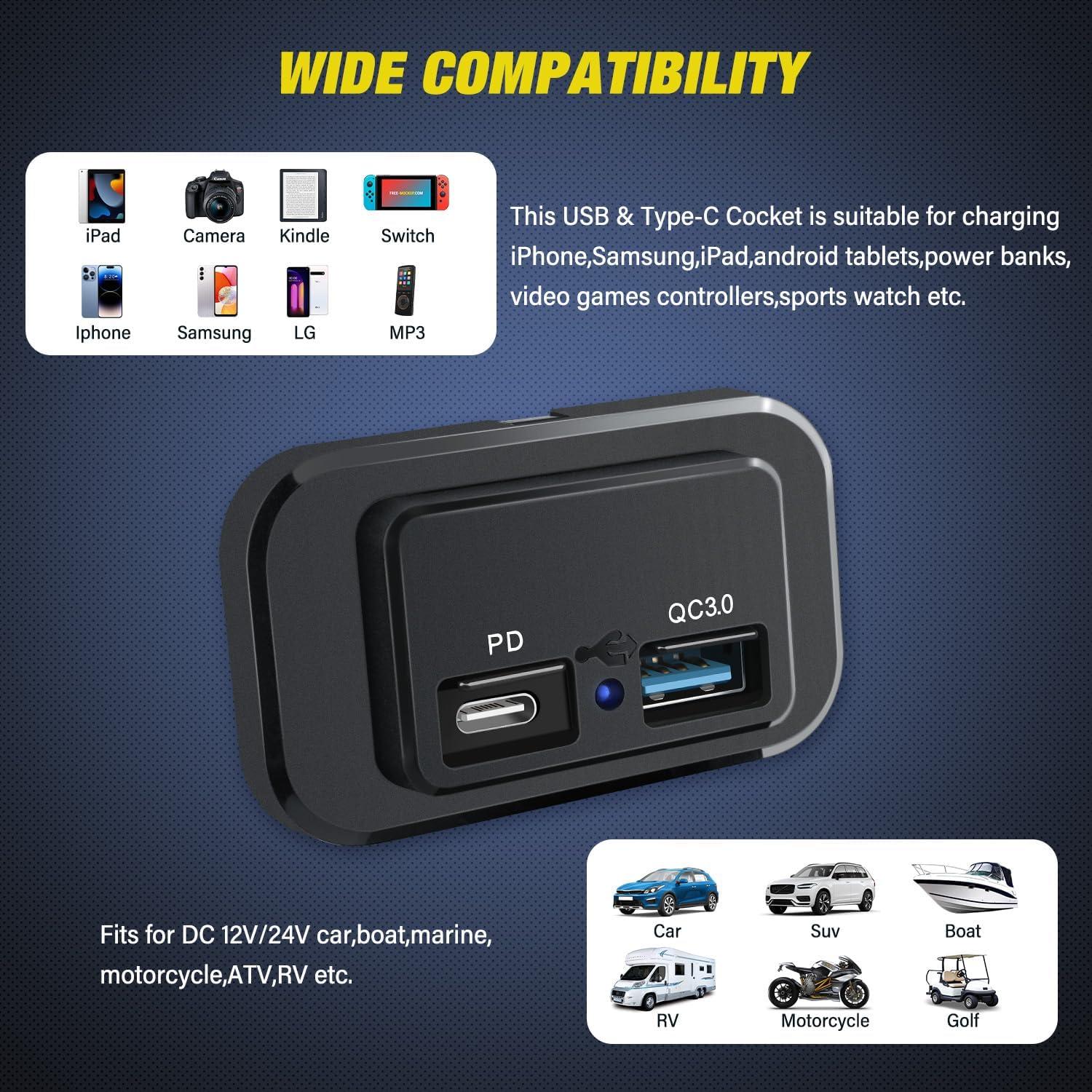 imageNilight Quick USB Outlet Socket 12V 24V Dual USBs Connector 5V 48A Car Outlets with Waterproof Cover Rotating Cap LED Light for Cars Trucks Motorcycle RVs Campers2Pcs USBPD Type C