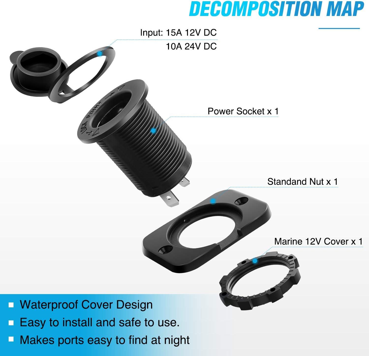 imageNilight Quick USB Outlet Socket 12V 24V Dual USBs Connector 5V 48A Car Outlets with Waterproof Cover Rotating Cap LED Light for Cars Trucks Motorcycle RVs Campers2Pcs Cigarette Lighter Socket