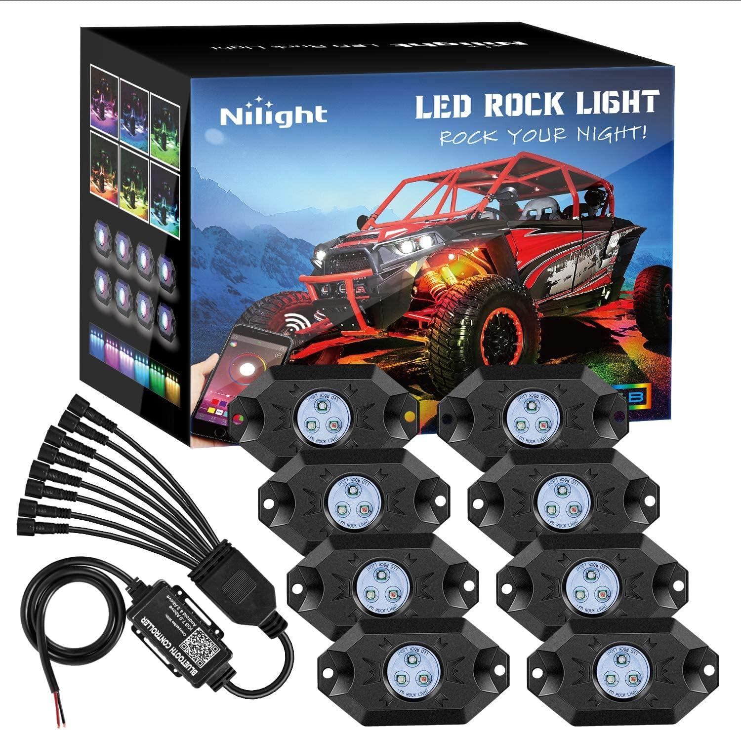 imageNilight RGB LED Rock Lights Kit 8 pods Underglow Neon Multicolor with Bluetooth App Control Music Mode IP68 Exterior Wheel Well Party Lamp for ATV UTV Golf Cart Truck Boat RVRGB Red  Green  Blue