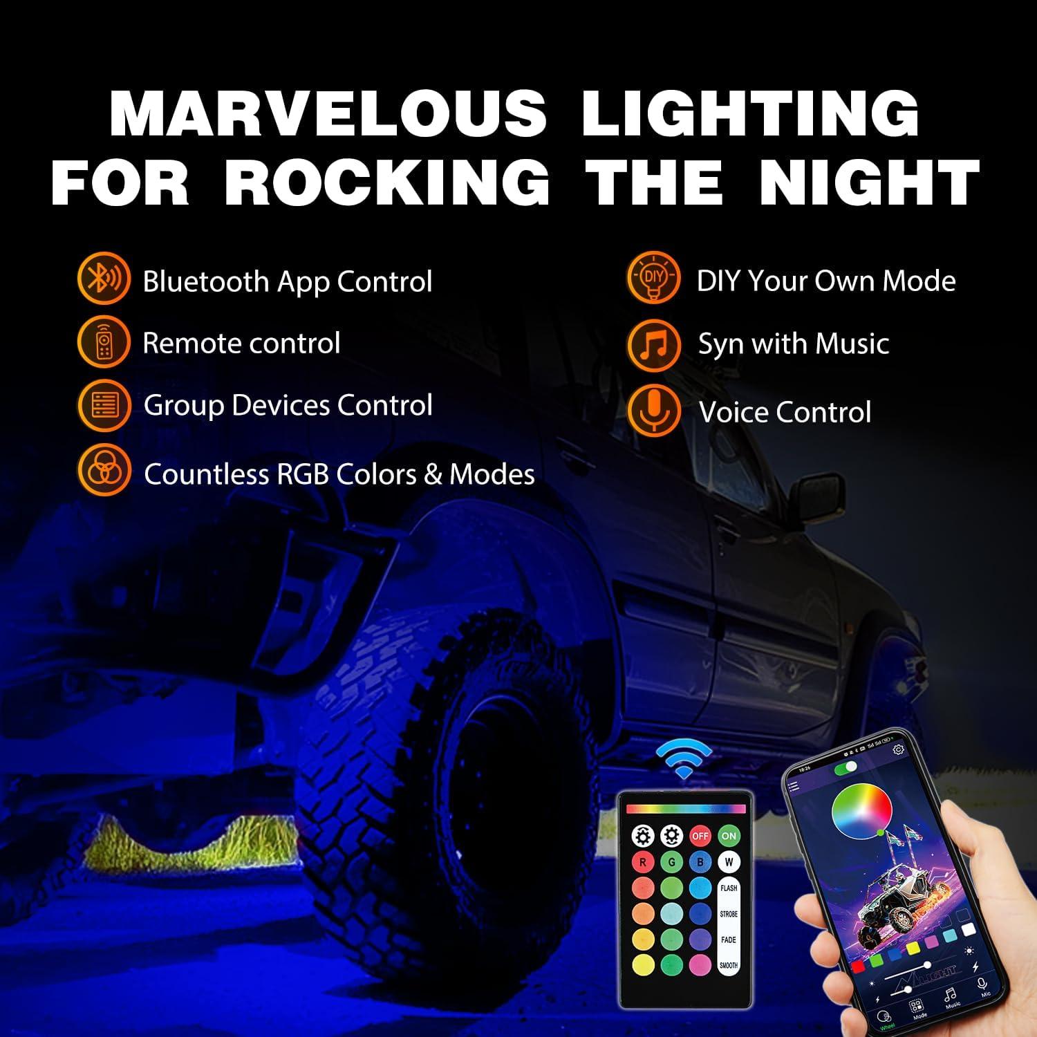 imageNilight RGB LED Rock Lights Kit 8 pods Underglow Neon Multicolor with Bluetooth App Control Music Mode IP68 Exterior Wheel Well Party Lamp for ATV UTV Golf Cart Truck Boat RVRGB Red  Green  Blue