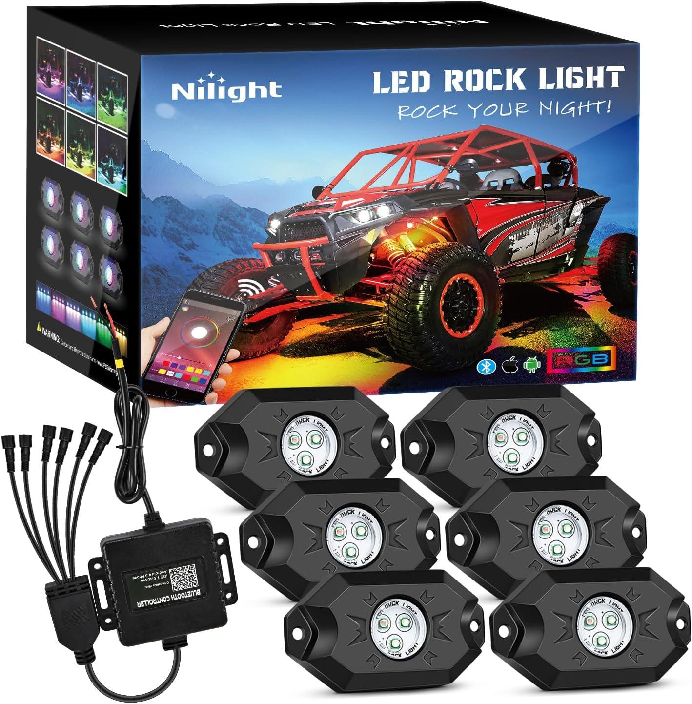 imageNilight RGB LED Rock Lights Kit 8 pods Underglow Neon Multicolor with Bluetooth App Control Music Mode IP68 Exterior Wheel Well Party Lamp for ATV UTV Golf Cart Truck Boat RVRGB Red  Green  Blue