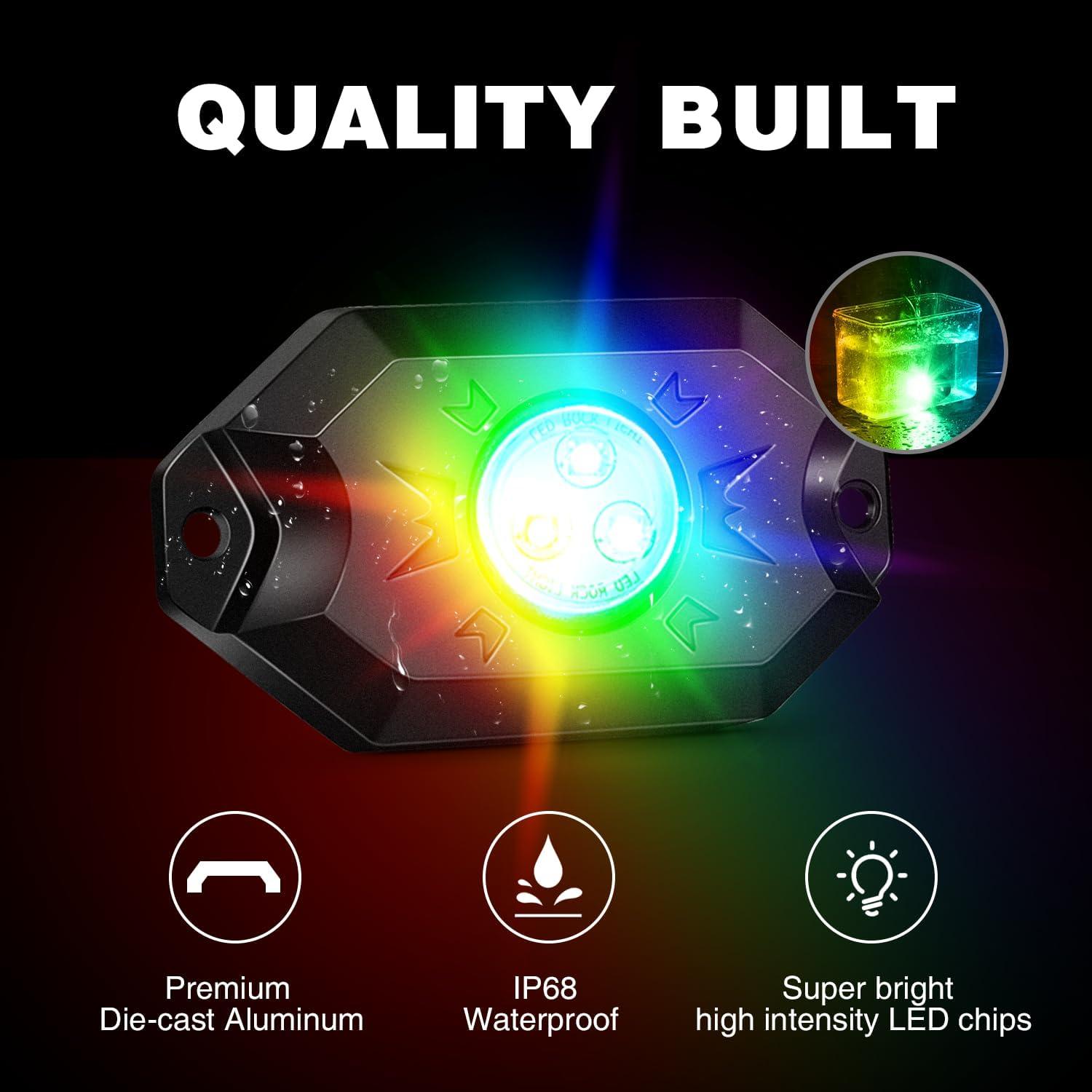 imageNilight RGB LED Rock Lights Kit 8 pods Underglow Neon Multicolor with Bluetooth App Control Music Mode IP68 Exterior Wheel Well Party Lamp for ATV UTV Golf Cart Truck Boat RVRGB Red  Green  Blue