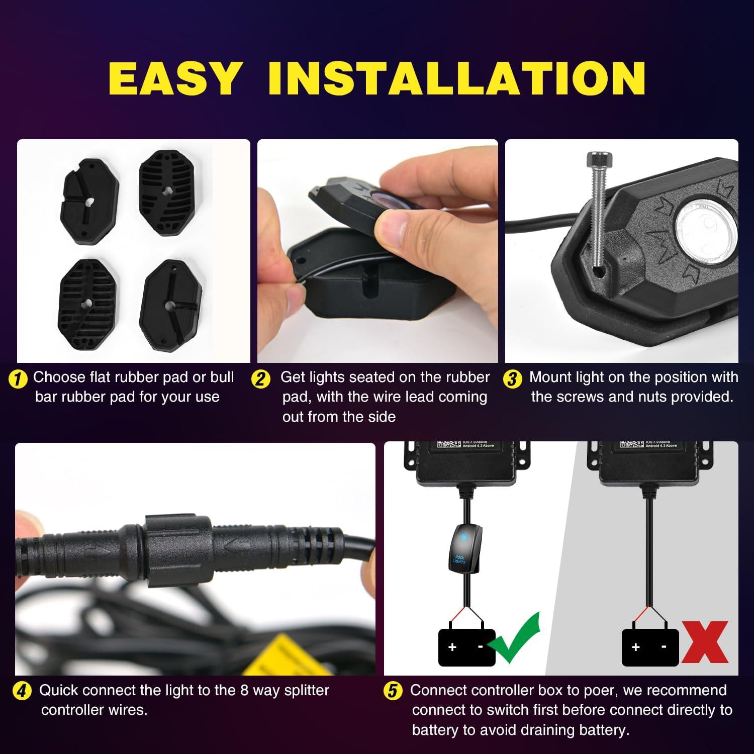 imageNilight RGB LED Rock Lights Kit 8 pods Underglow Neon Multicolor with Bluetooth App Control Music Mode IP68 Exterior Wheel Well Party Lamp for ATV UTV Golf Cart Truck Boat RVRGB Red  Green  Blue