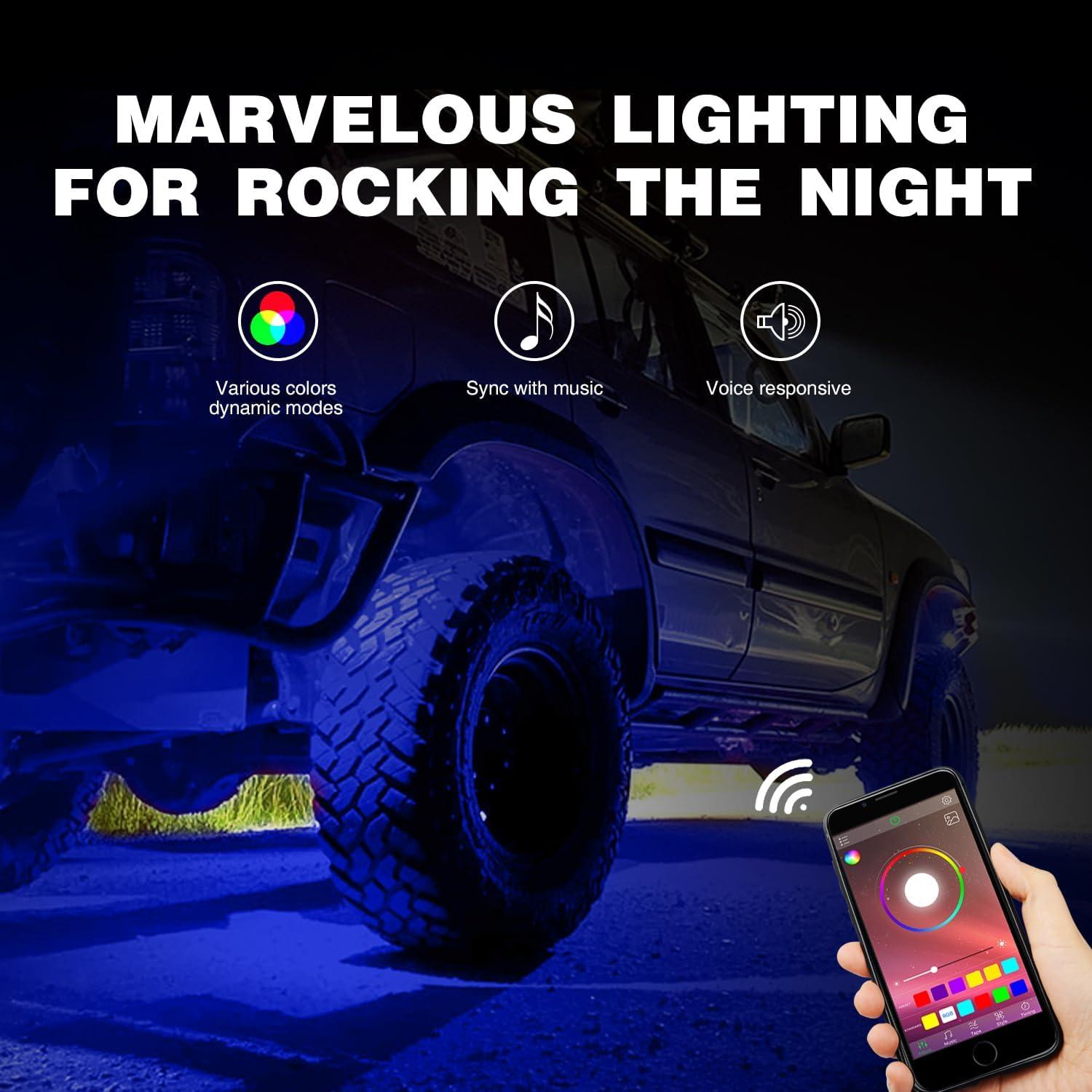 imageNilight RGB LED Rock Lights Kit 8 pods Underglow Neon Multicolor with Bluetooth App Control Music Mode IP68 Exterior Wheel Well Party Lamp for ATV UTV Golf Cart Truck Boat RVRGB Red  Green  Blue