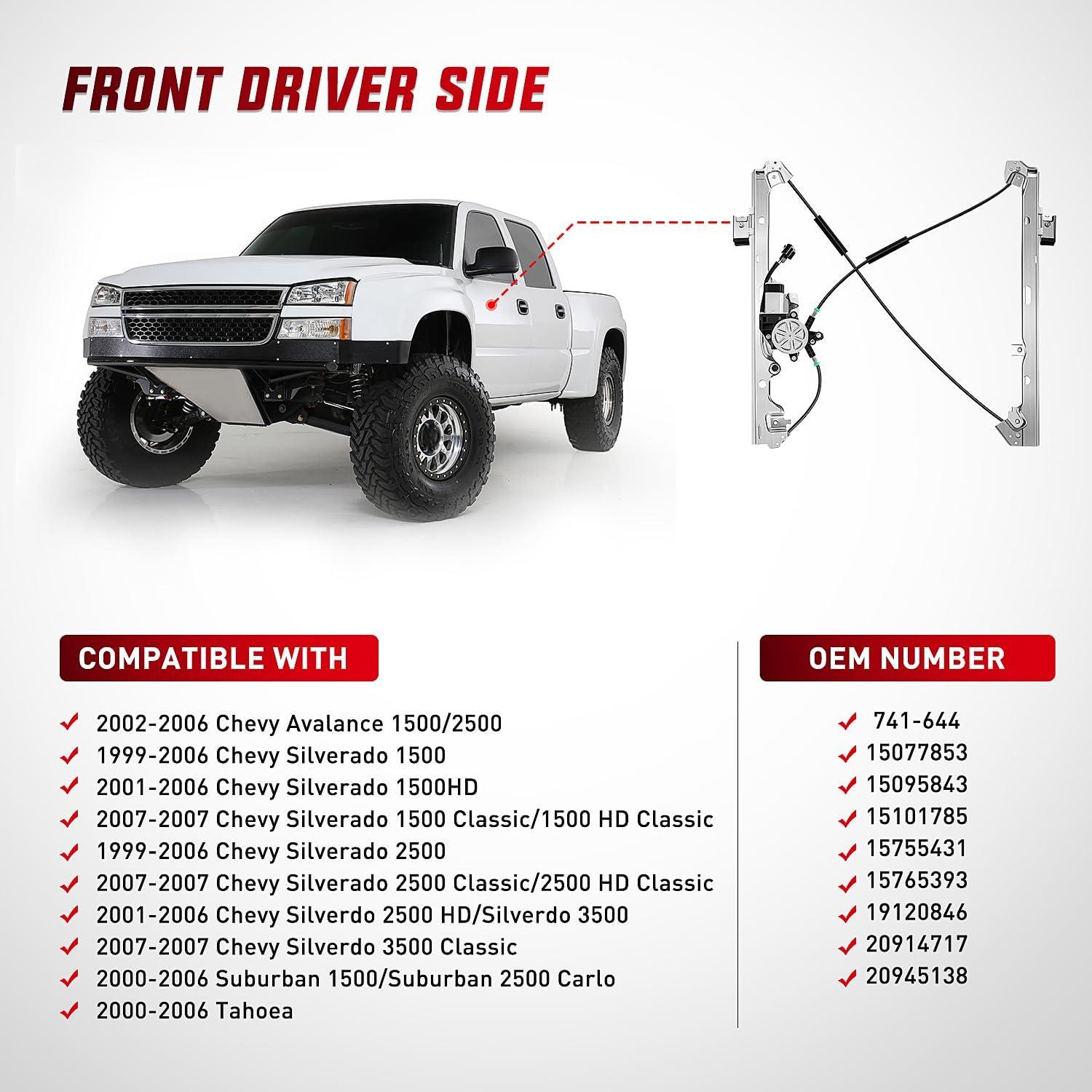 imageNilight Rear Passenger Side Power Window RegulatorMotor Compatible with 2001 2002 2003 2004 2005 2006 Chevrolet Avalanche Silverado Suburban GMC Sierra Yukon XL 1500 2500 3500 741645Front Driver