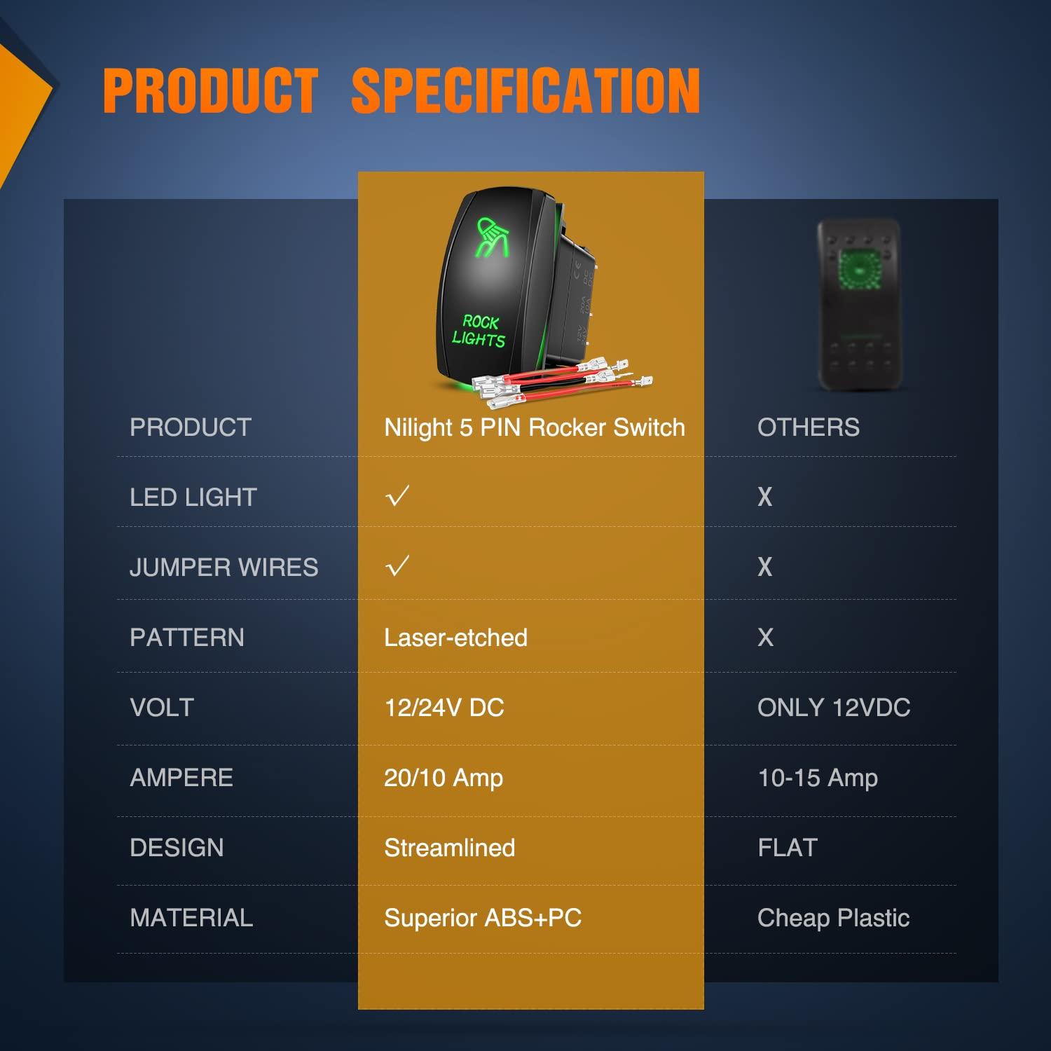 imageNilight Rock Lights Rocker Switch Led Light Bar 5Pin Laser On Off SPST switches 20A12V 10A24V Switches Red with Jumper Wires Set for Cars Trucks RVsGreen