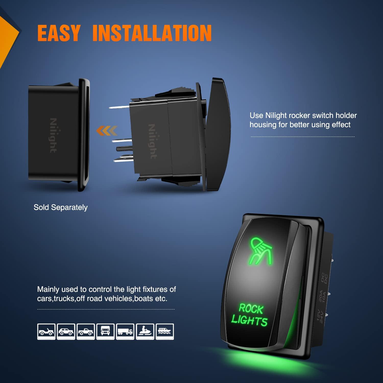 imageNilight Rock Lights Rocker Switch Led Light Bar 5Pin Laser On Off SPST switches 20A12V 10A24V Switches Red with Jumper Wires Set for Cars Trucks RVsGreen